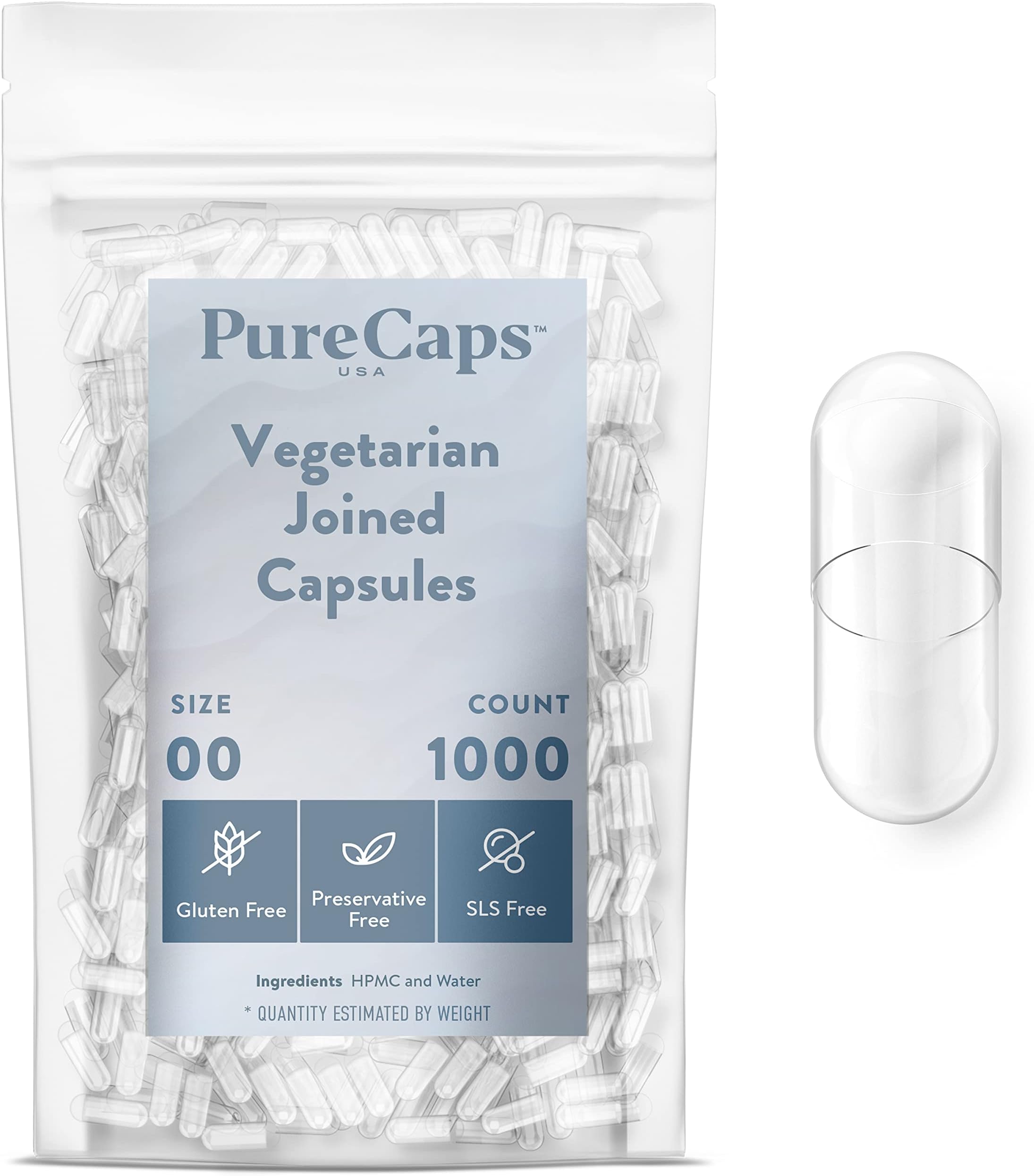 PureCaps USA - Empty Vegetarian Vegan Pill Capsules Size 00|1,000 Joined Pills| Clear| Non-GMO Certified| SLS, Gluten, Preservative Free