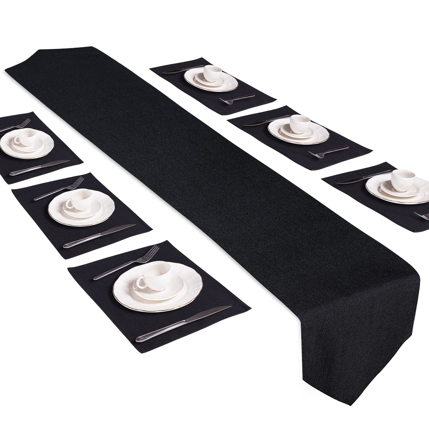Dubulle Black Table Runner & 6 Placemats Cotton Linen Double Layer Heat Resistant Farmhouse Kitchen Dining Antiwrinkle Table Runner Set with 6 Place Mats