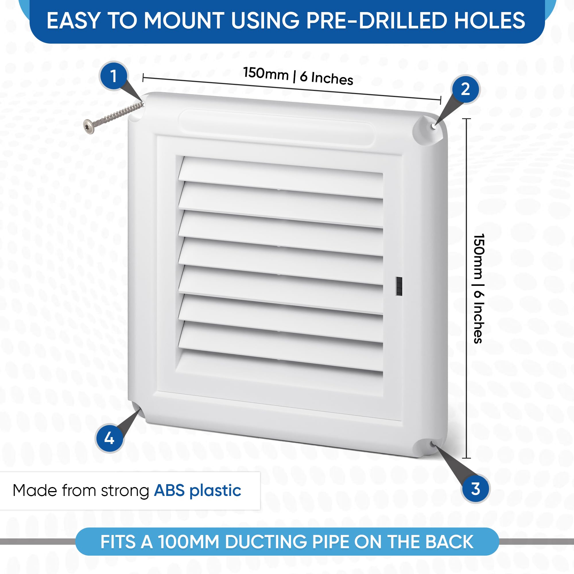 Adair 100mm (4 Inch) Square Vent Cover, White 155mm x 155mm External Louvered Grille with Mesh for Bathroom Kitchen, Loft - Image 2