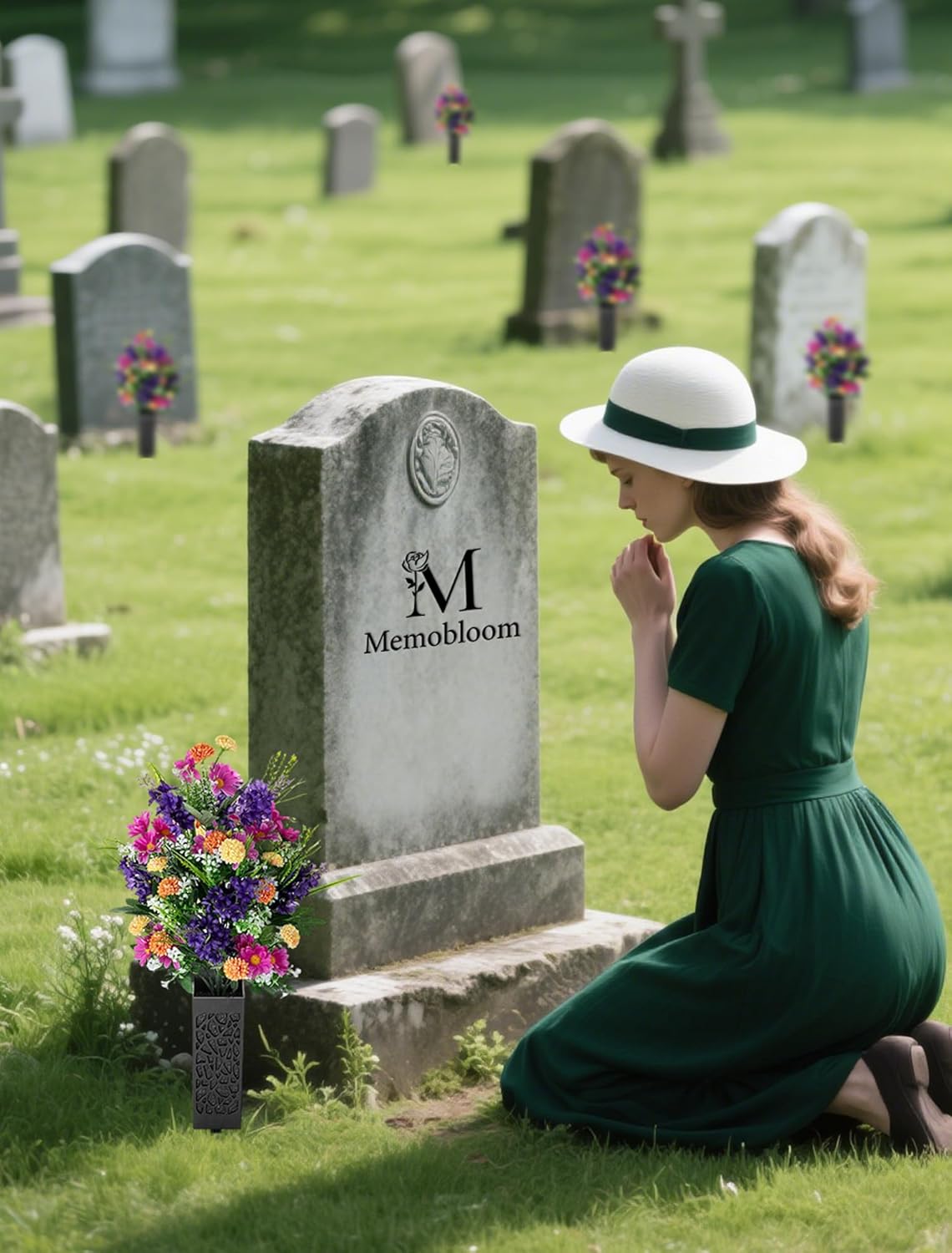 Artificial Cemetery Flowers for Grave: Memorial Day Flowers for Cemetery - Outdoor Grave Decorations - 2 Pcs Purple Violet Mums Bouquets with Vases - Image 3