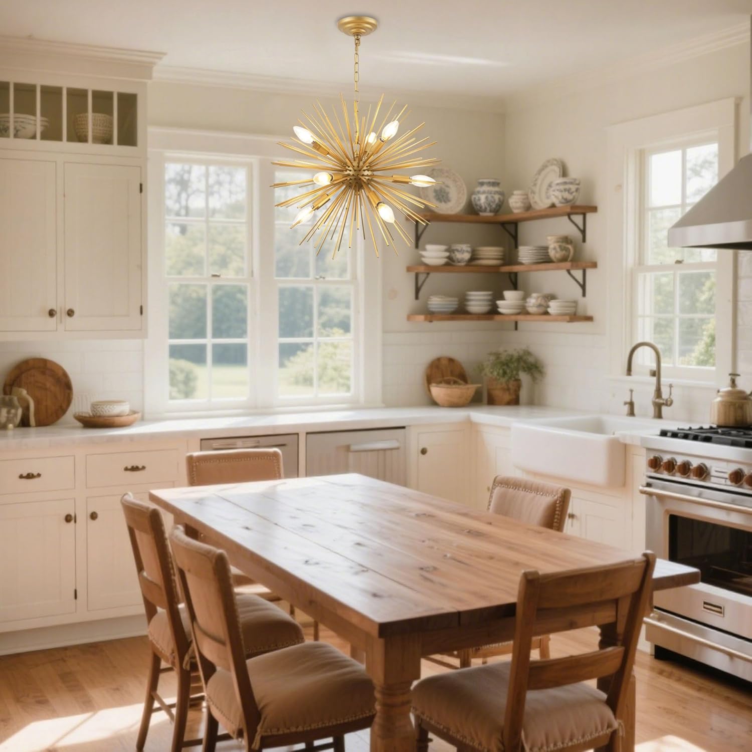 20" Gold Sputnik Chandelier 9-Light Modern Starburst Chandelier Light Fixture Golden Solid Metal Mid-Century Firework Chandeliers for Dining Room, Kitchen, Bedroom, Living Room, Entryway, E12