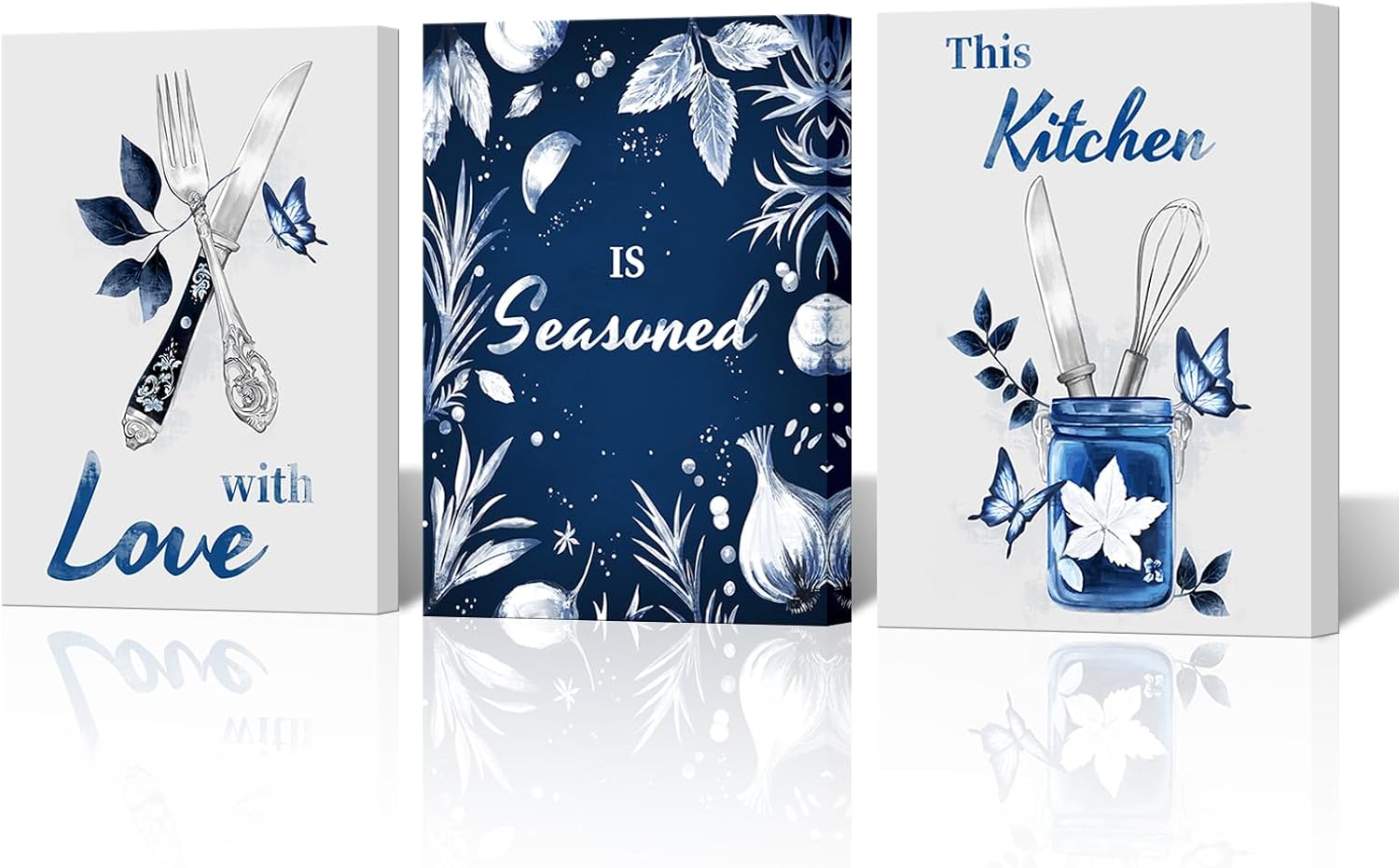 NutArtPic Kitchen Wall Art Set of 3, Blue and White Watercolor Prints, Farmhouse Kitchen Decor, 'With Love, Is Seasoned, This Kitchen' Theme 12''x16''x3