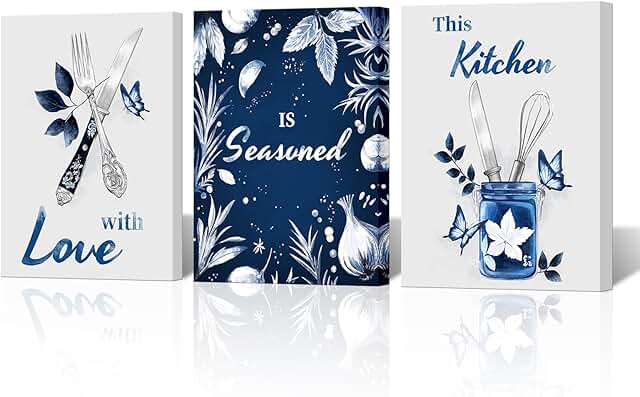 NutArtPic Kitchen Wall Art Set of 3, Blue and White Watercolor Prints, F...