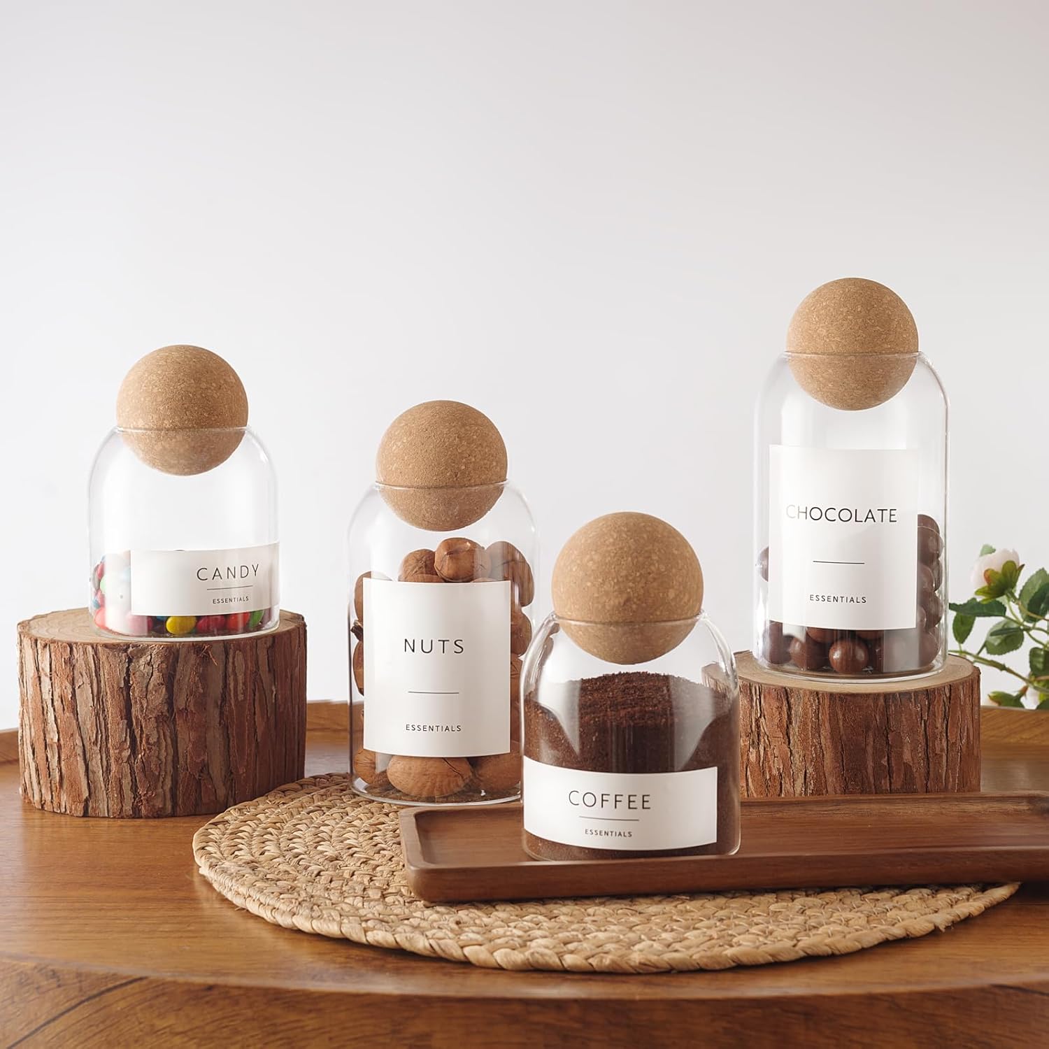 Coffee Sugar Tea Container Set, 3 Pack Glass Jars with Cork Lids, Apothecary Jars with Tray for Bathroom, Decorative Qtip and Cotton Ball Holder, Cute Display Jars for Coffee Bar (27oz)