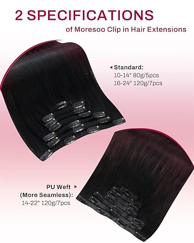 Miniatura 9 de Moresoo Extensiones de cabello humano con clip, sin costuras, color borgoña balayage, sin costuras, color negro a rojo vino, extensiones de cabello