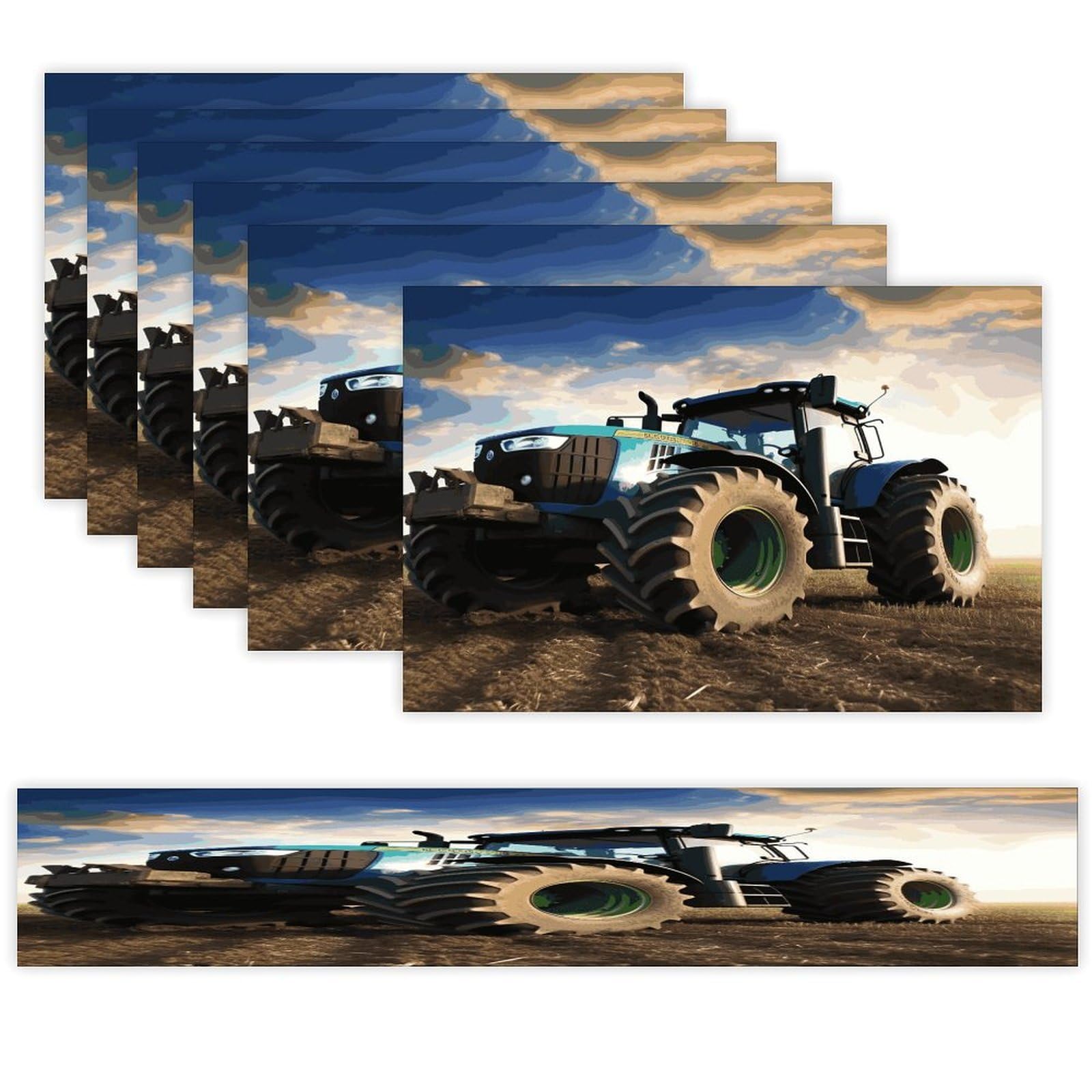Farm Tractor Table Runner and Placemats Set of 6 for Kitchen Washable Table Mats Heat Resistant Place Mats Non-Slip Place Mat Wipeable Placemat(6 Placemats+1 Table Runner)