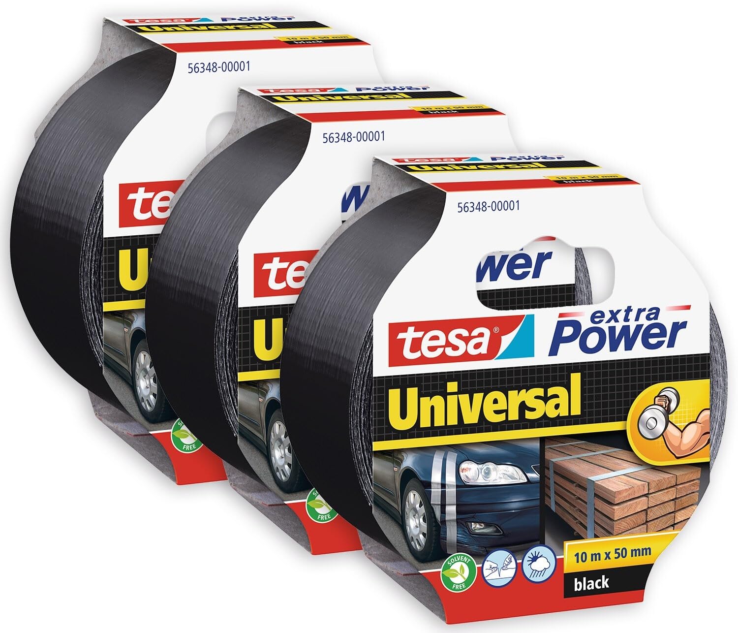 Tesaextra Power Universal - Fabric-Reinforced Duct Tape for Repairing, Fastening, Bundling, Reinforcing or Sealing - Black - 3x 10 m x 50 mm
