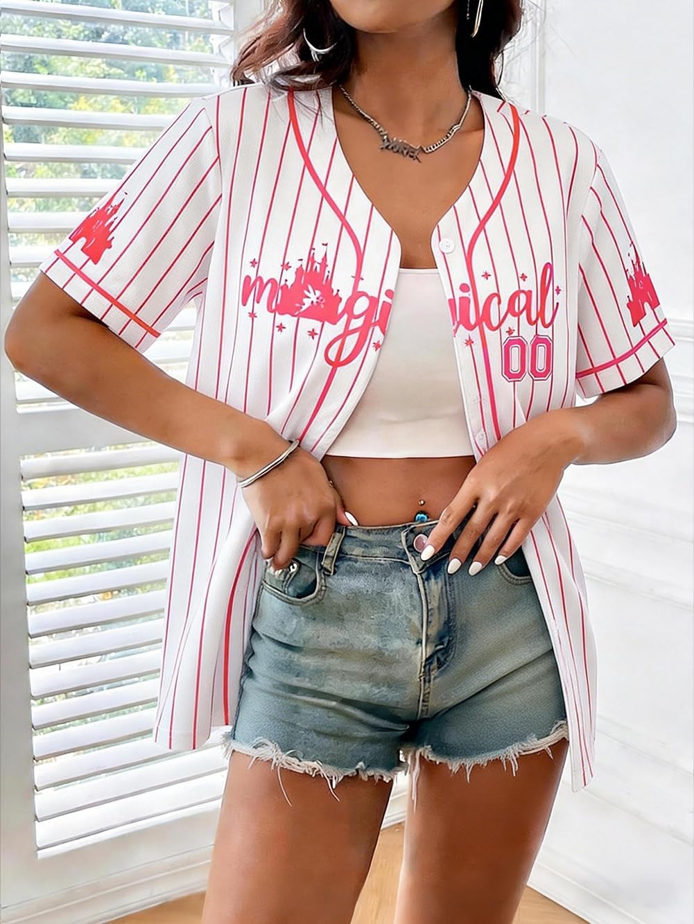 Women Magical Kingdom Jersey Shirt - V Neck Magic Castle Button Up Hawaiian Summer Vacation Trip Outfits - Image 8