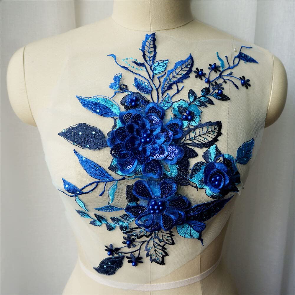 Light Blue Flower Embroidery Appliques - 1 Pair Sew-On Patches For DIY Clothing & Crafts - View #5