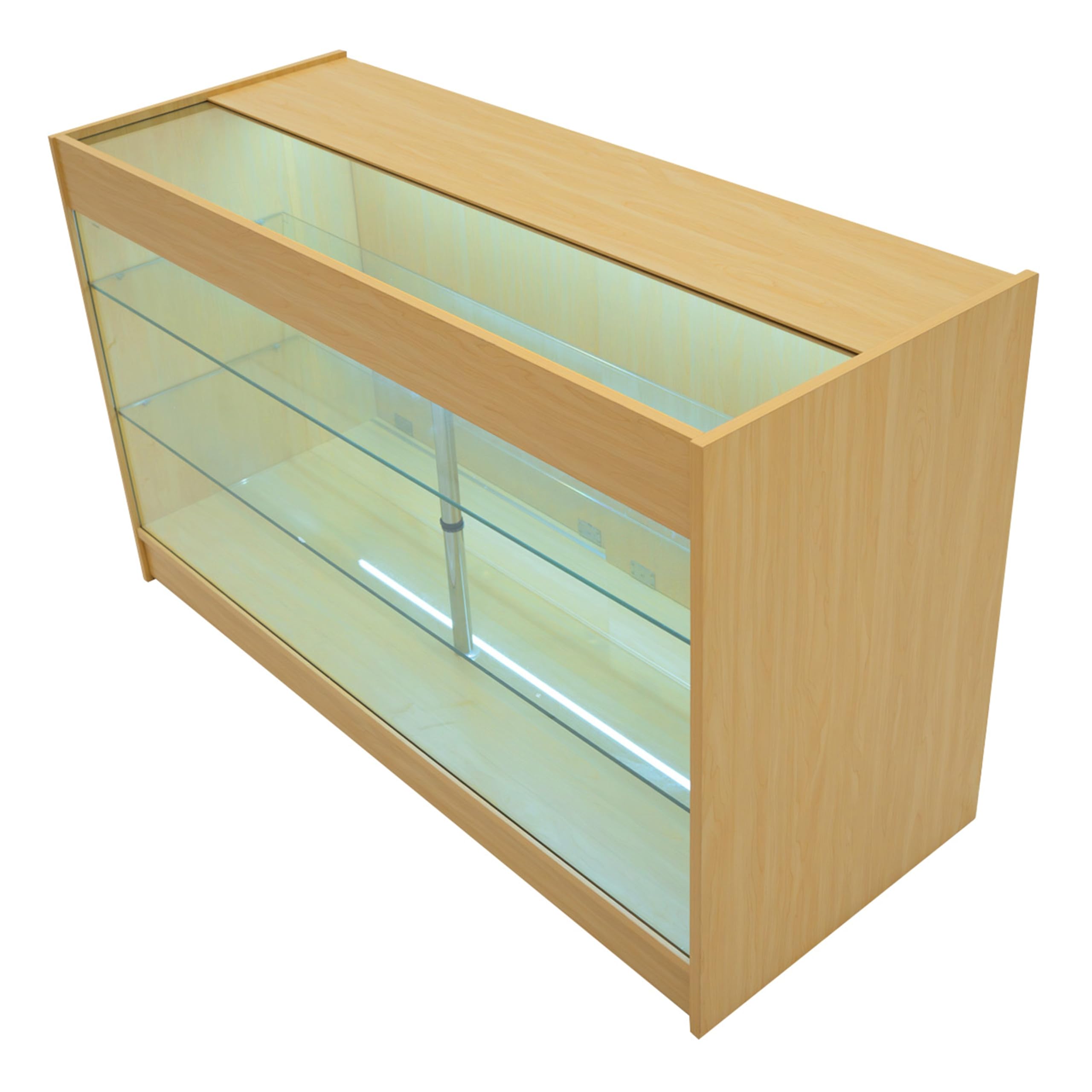 Ahorn Verkaufstresen-Set Helios LED-Beleuchtung K1500 CM60 Abschließbare Schiebetüren mit Schlüsseln 3 Einzelhandels-Lagereinheiten Glasvitrine Ecktheke I Innere Regale Weiße Beleuchtung