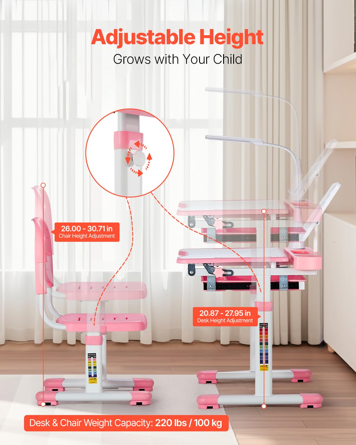 VEVOR Study Chair Set, Children Study Chair with Adjustable Height & 0-40° Tilted Desktop, Children Study Chair Set for Classroom & Study Room, Pink