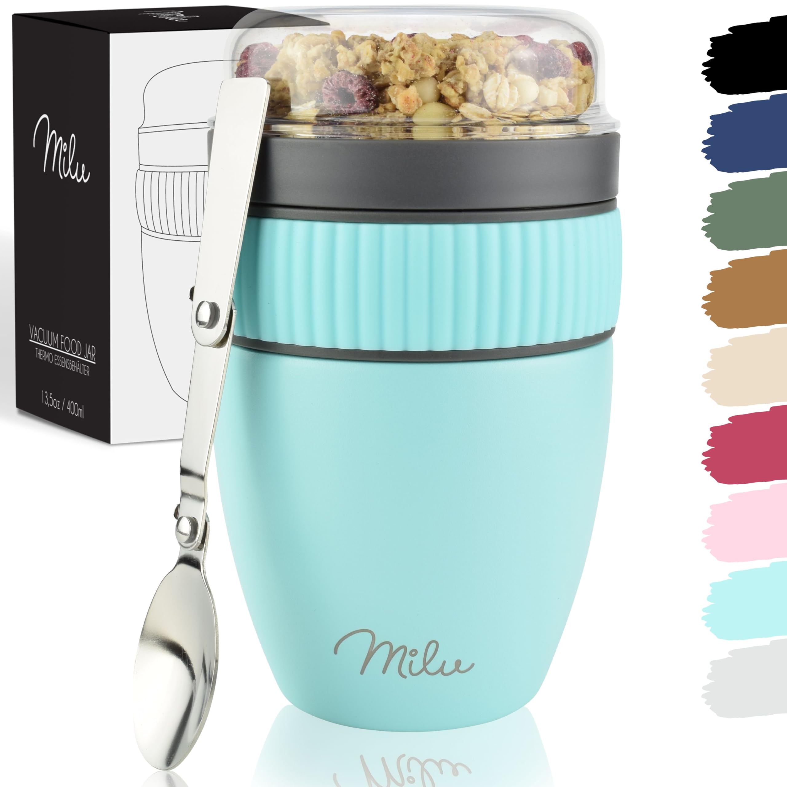 Milu Teal Cereal Cup To Go 400Ml I Insulated Yoghurt Cup For Muesli I Leak-Proof Cup With Spoon For Yoghurt/Porridge (Teal)