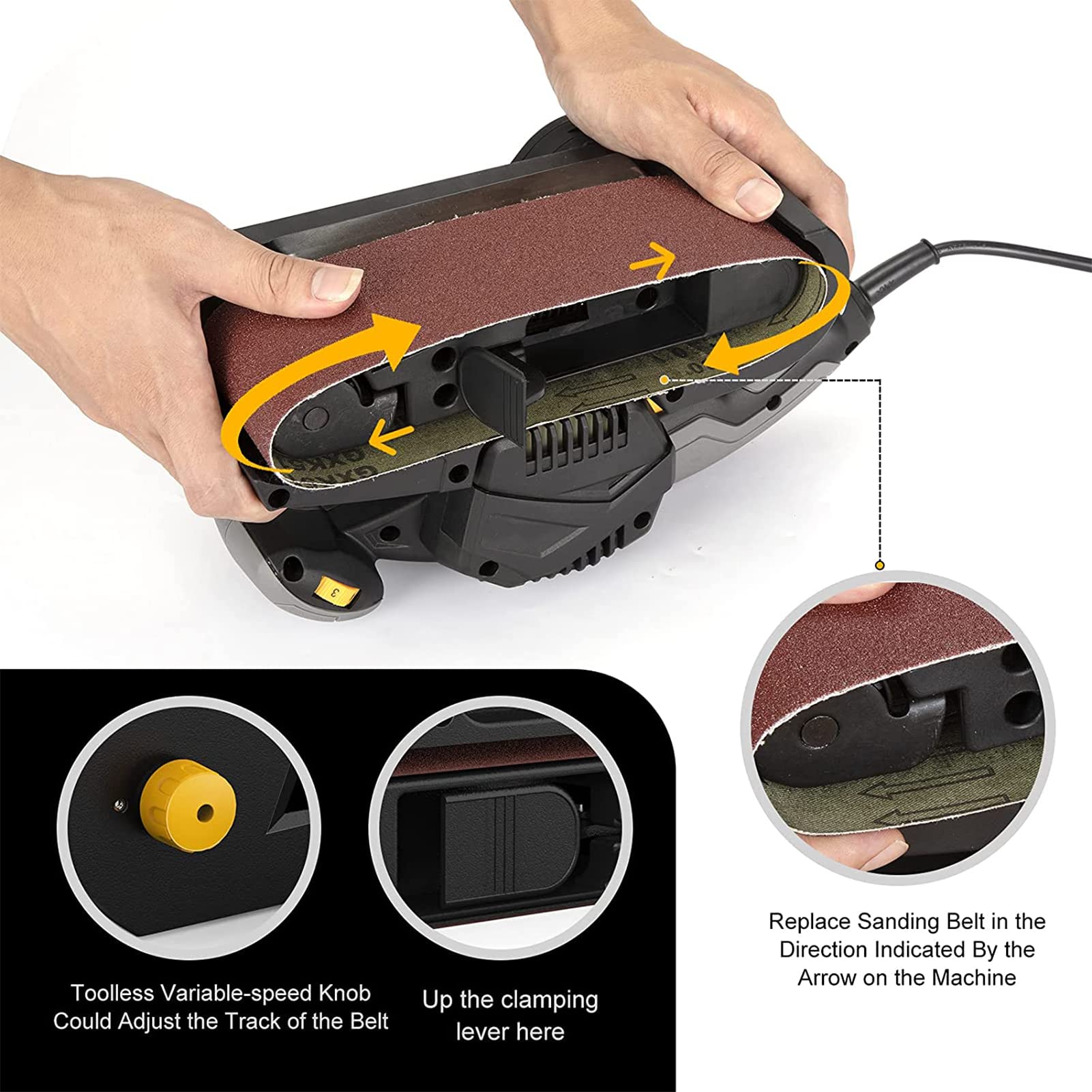 BLAIS Lijadora de banda de 750 W 75 mm x 533 mm con 10 bandas de lijado y bolsas para el polvo Lijadora de mesa con control de velocidad variable Adaptador de aspiradora 2 en 1 Cable de alimentación d