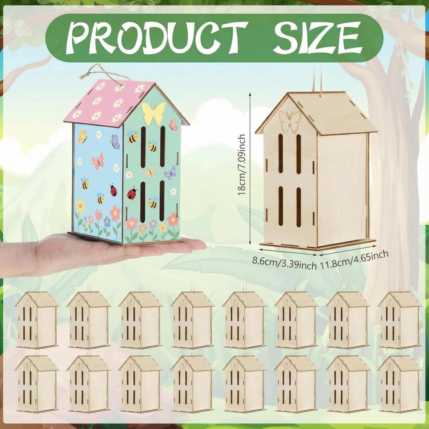 DoubleFill 24 Pack Wood Butterfly House Painting Crafts Kits My First Butterfly House DIY Art Craft Kit with Hemp Rope DIY Cedar Wooden Birdhouse for Building Bee Ladybug Habitat, No Paint
