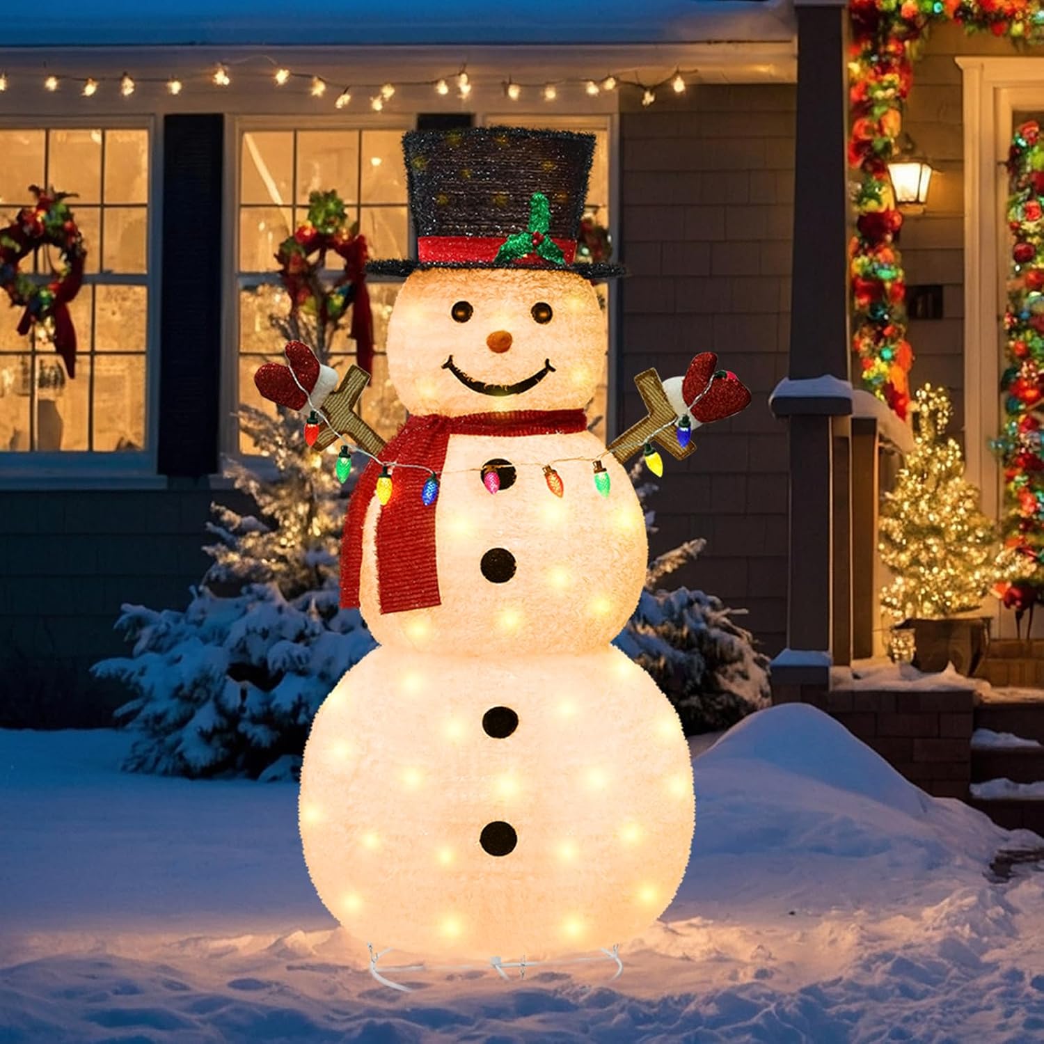 5ft Lighted Pop-Up Snowman, Large Outdoor Christmas Snowman Decoration with 200 LED Lights, Hat, Scarf, Multicolored Lights, for Christmas Yard and Outdoor Display (Batteries Not Included) Style 3