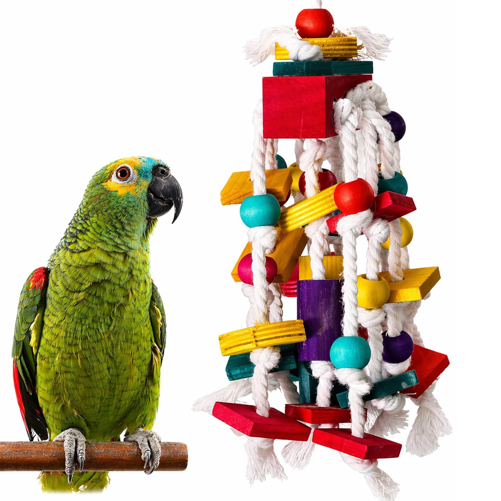 Rypet Large Parrot Cage Toy, Wood Rope Bite Toy for Cockatiels Conures | Natural Wood Blocks, Durable Rope, Cotton Knots for Chewing, Hanging Play for Large Birds Colorful1