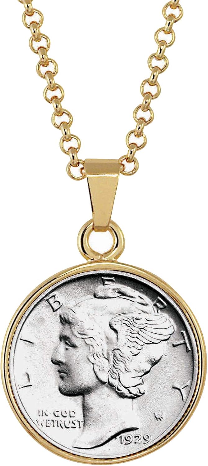 American Coin Treasures Silver Mercury Dime Goldtone Coin Pendant with 18" Chain Necklace - Authentic and Elegant Keepsake Jewelry for Women | White Luxury Gift Box Included