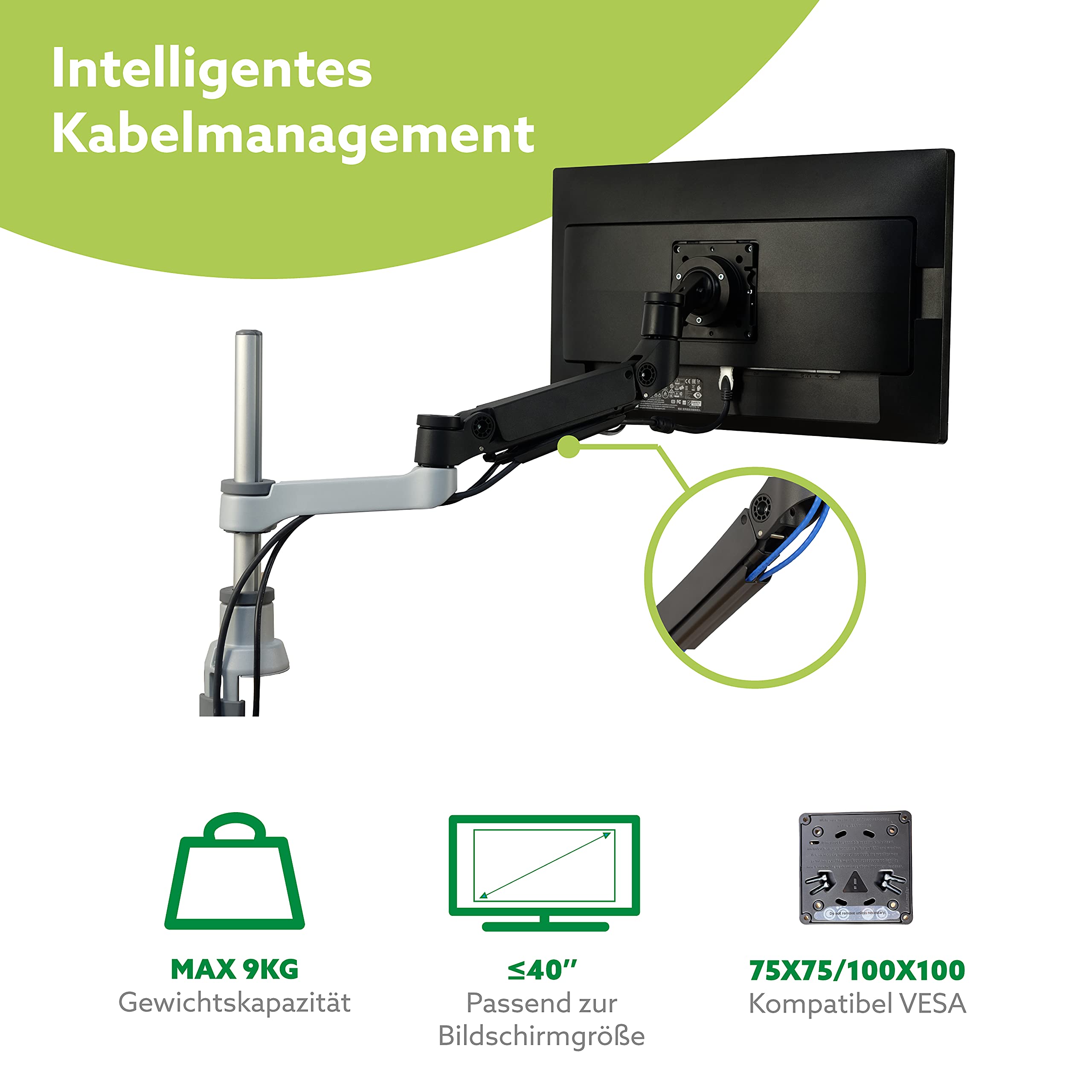 BRAZO PARA MONITOR R-GO 0 "-40" 1TFT MAX.9KG CAPARO 4 RESORTE DE GAS PLATEADO