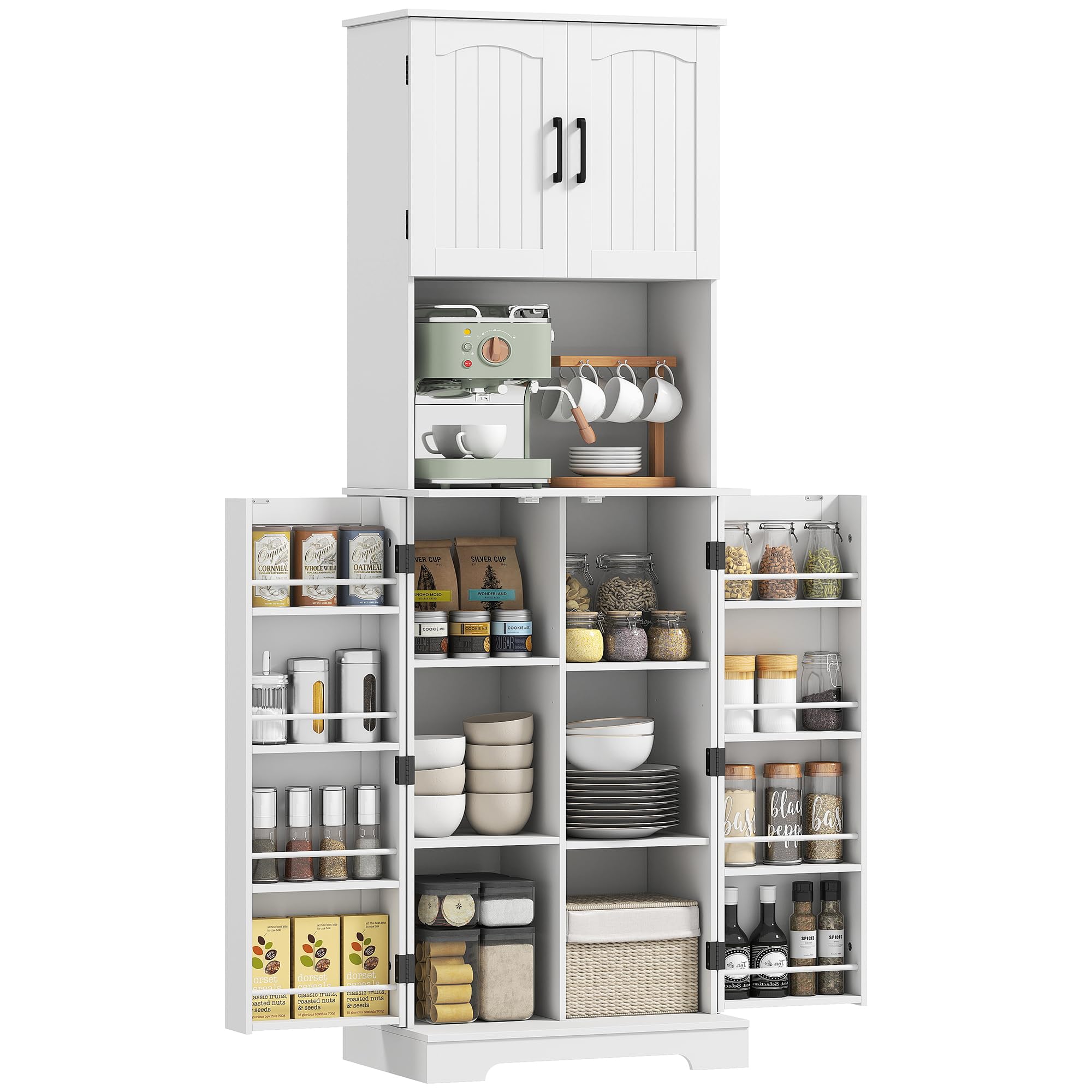 HOMCOM Credenza da cucina con 4 ante e 8 porta spezie e ripiani regolabili per soggiorno, sala da pranzo, piano di lavoro, 60 x 40 x 181,5 cm, bianco