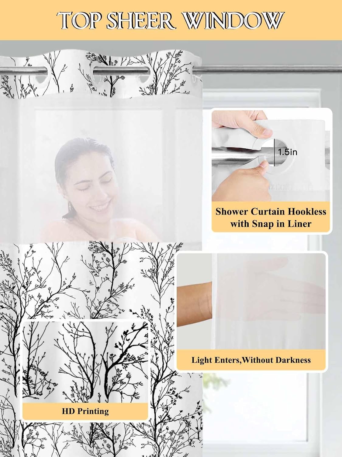 Classical Black White No Hook Shower Curtain with Snap in Liner Tree Branch Botanical Abstract Plant Leaves Shower Curtain for Bathroom, Fabric Waterproof Inner Liner with Mesh Top Window, 72x84