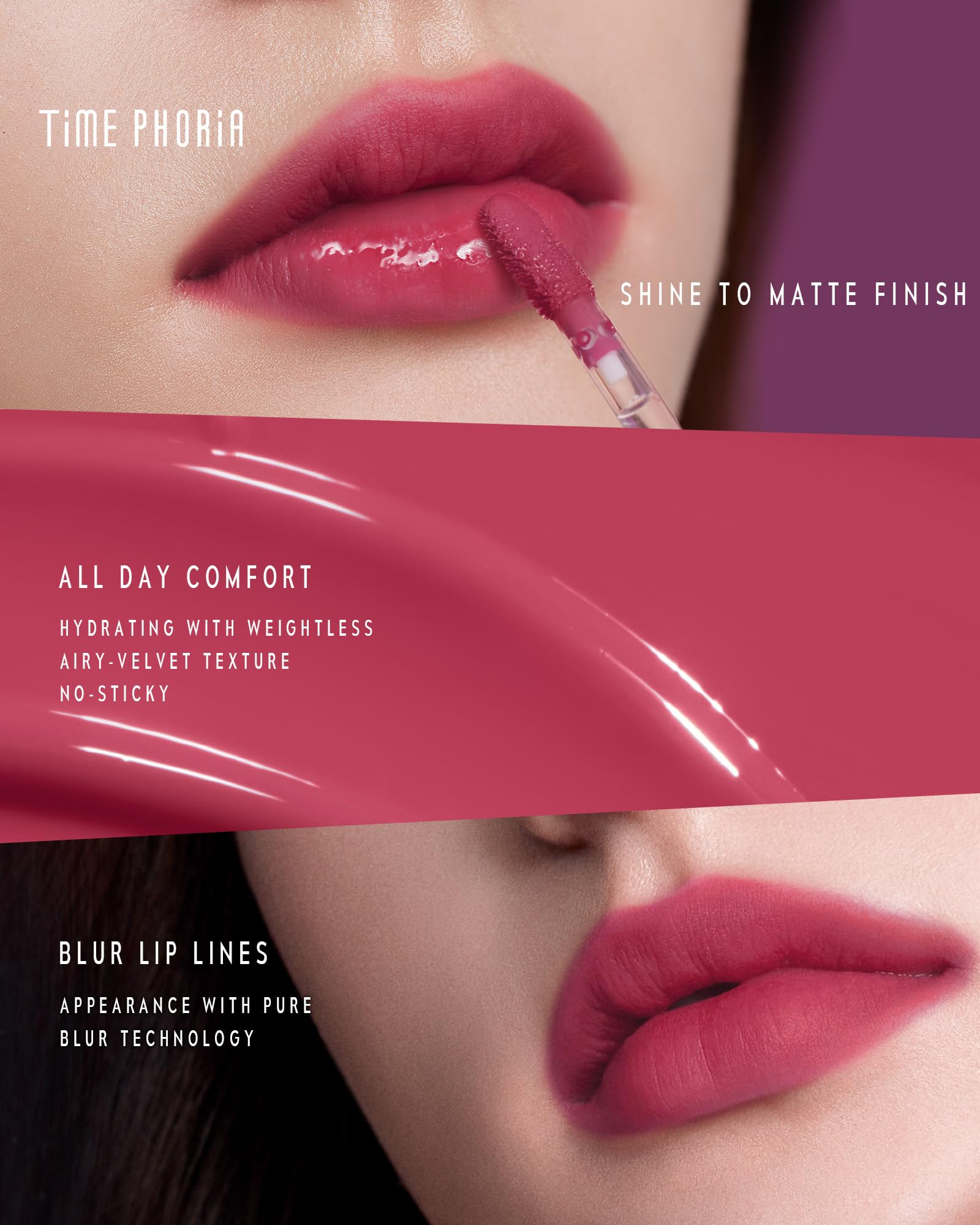 TIMEPHORIA Altera 001 Flux Lippenfarbe, bräunlich-rot, glänzend bis matt, weich, verwischt Lippenlinien, samtige Textur, leicht, ohne Klebrigkeit, vibrierend, feuchtigkeitsspendend und langanhaltend