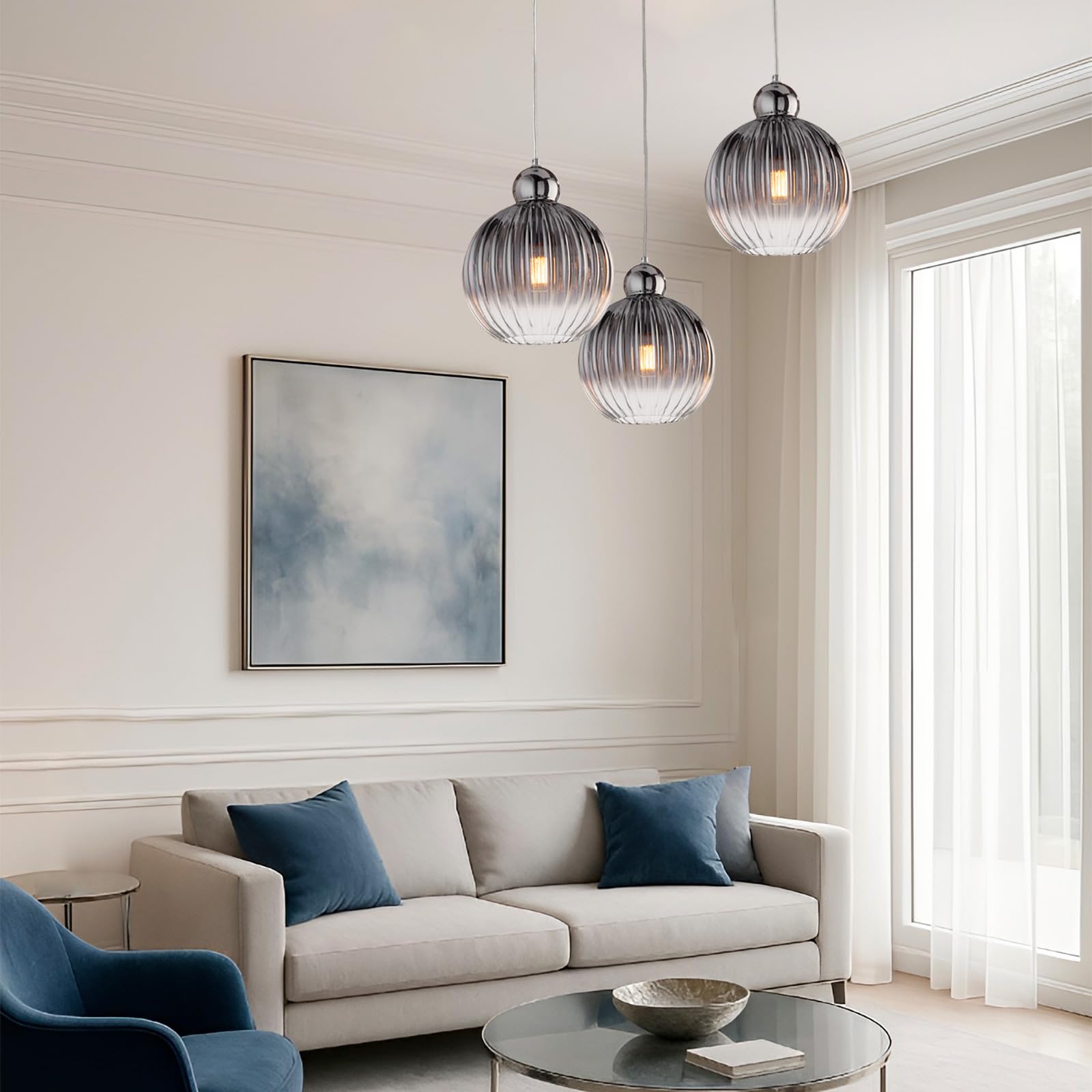 LEOLUX OMER 3 Lampadario a Sospensione 3 Luci – Design Moderno con Sfere in Vetro - Cavi Regolabili - Attacco E27 – Ideale per Cucina - Soggiorno e Zona Pranzo
