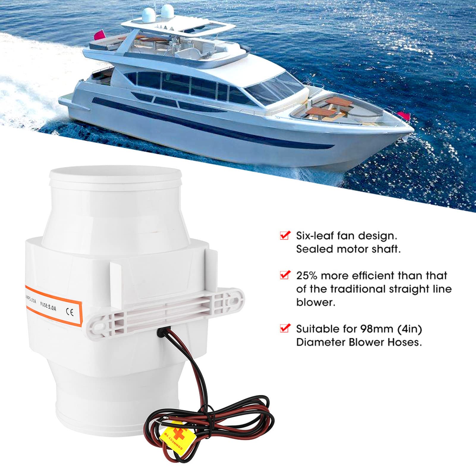 Ventilatore d'aria in linea da 10,2 cm, efficiente per vano motore di barche e camper, 12 V, 270 CFM (24 V)