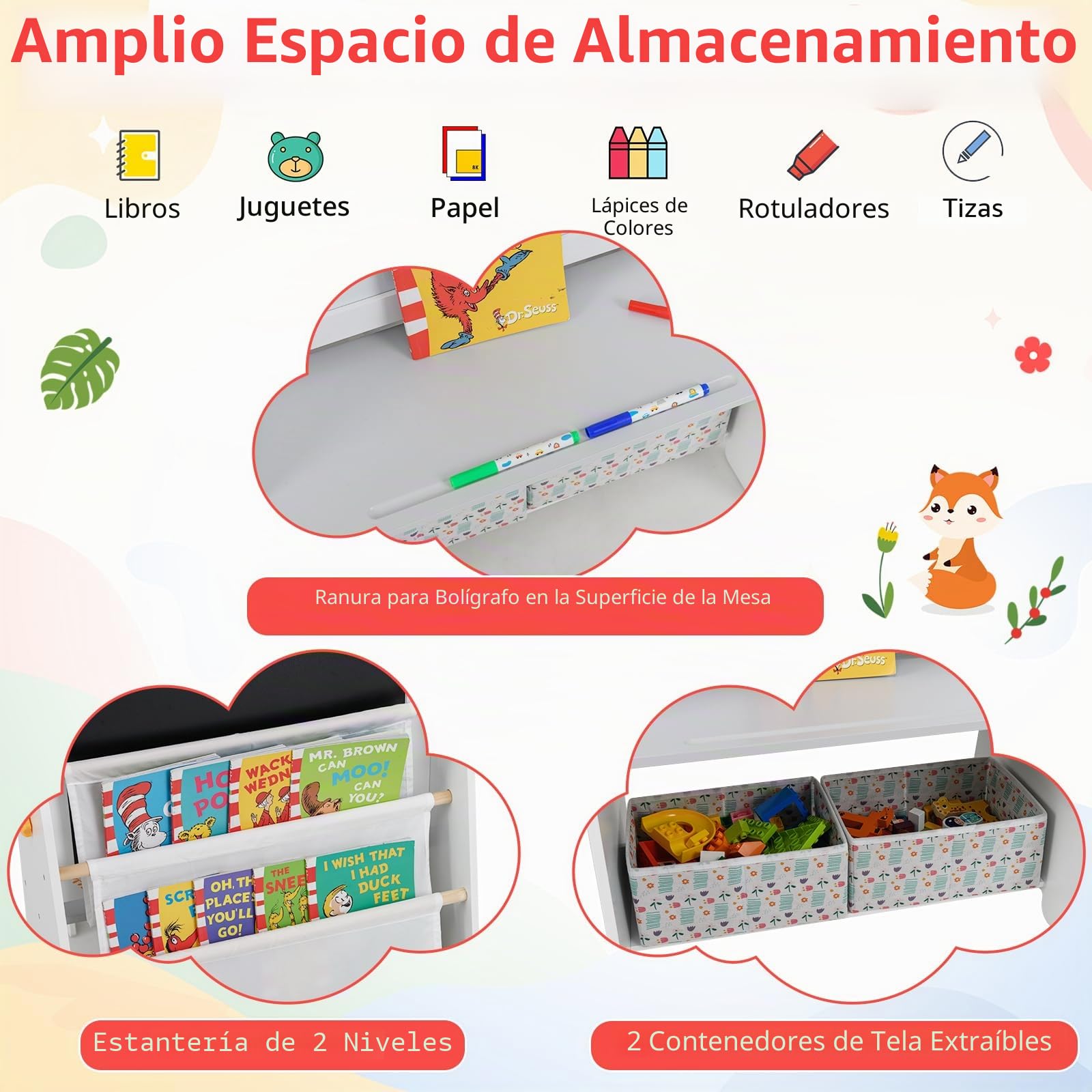 RELAX4LIFE Juego de Mesa y Sillas Infantil con Tema de Zorro, Pizarra Blanca Magnética, Pizarra Negra, Estantería de 2 Niveles y Cajas de Telas para Dibujar y Aprender (Gris)