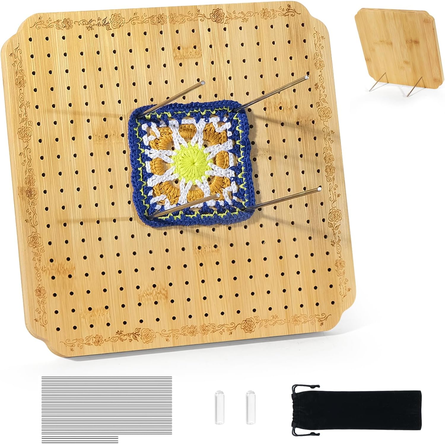 Crochet Blocking Board Wooden Granny Square for Crochet Projects Square Board Crocheting Accessories Gifts for Crocheters (Wood, Medium)