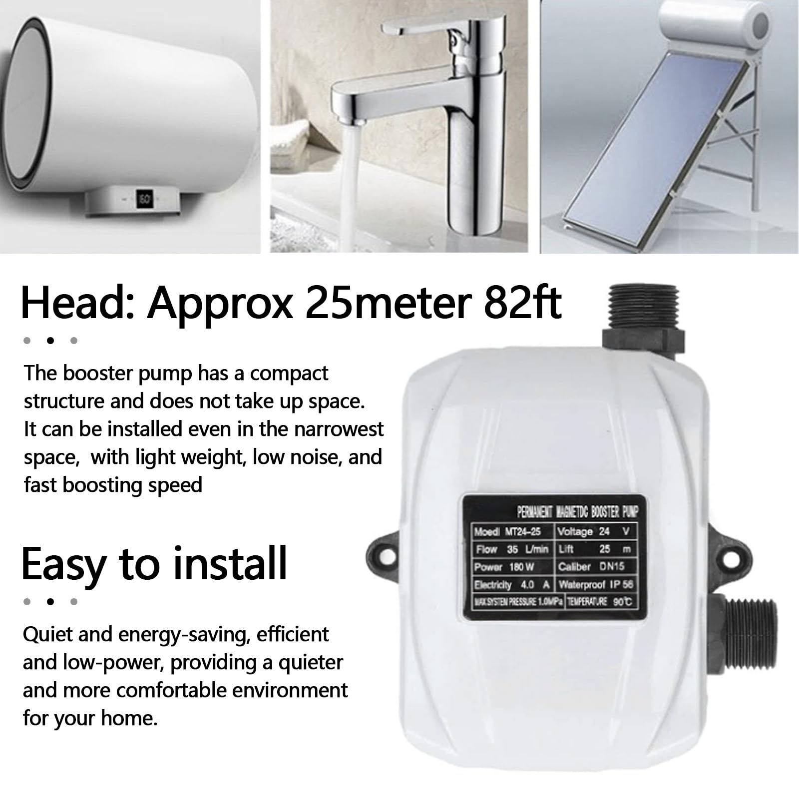 Bomba Elevadora de Presión, 180W DC 24V DN15 1/2" Bomba Elevadora Automática de Bajo Ruido IP56 Bomba Impermeable de Alta Presión para Fregadero de Cocina Ducha Grifo de Jardín, Enchufe de la UE