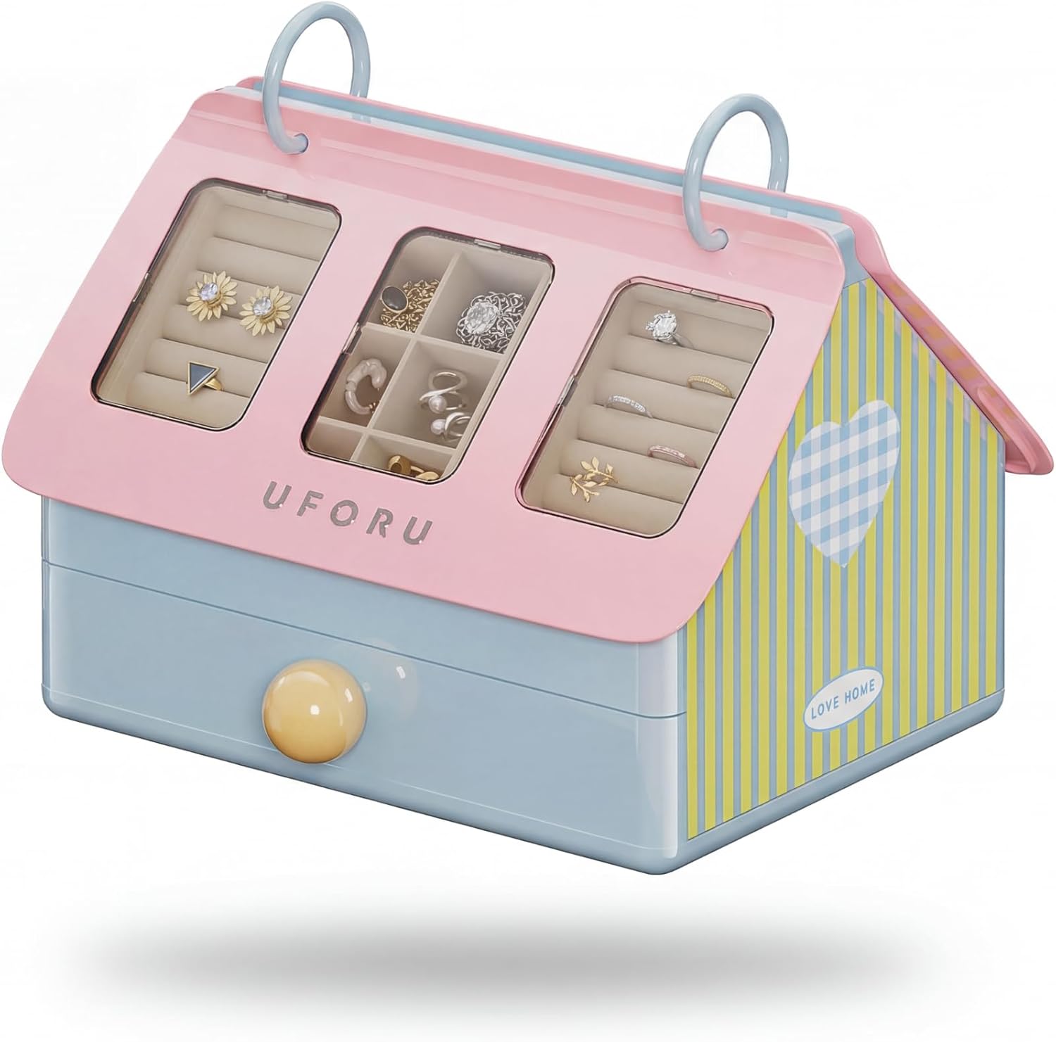 Cute Jewelry Box Organizer for Women Girls, Large House-Shaped Display Case with Clear Lid, 3-Layer Velvet Storage for Earrings Rings Necklaces, Aesthetic Room Decor Gift (Blueberry Tart)
