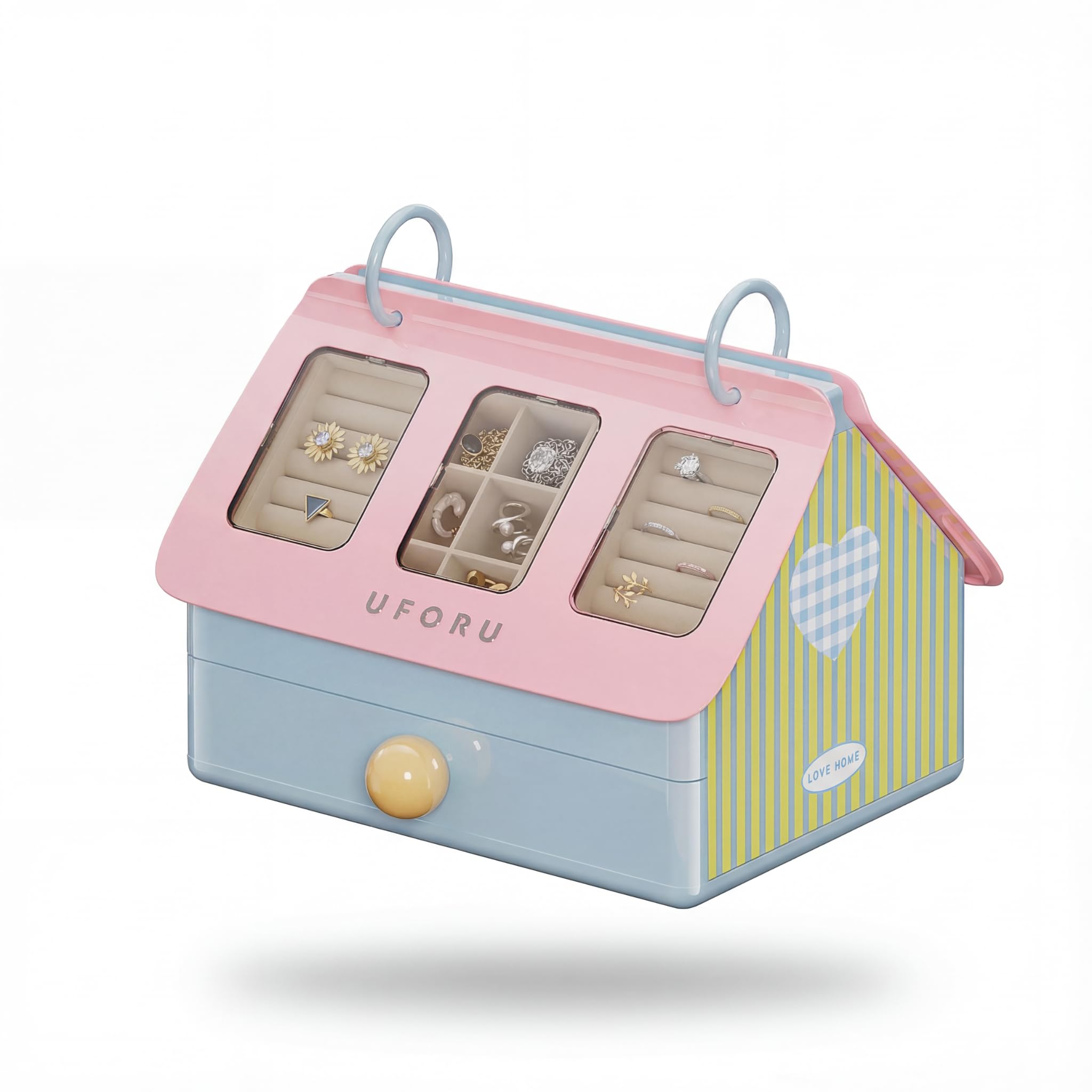 Cute Jewelry Box Organizer for Women Girls Large House-Shaped Display Case with Clear Lid 3-Layer Velvet Storage for