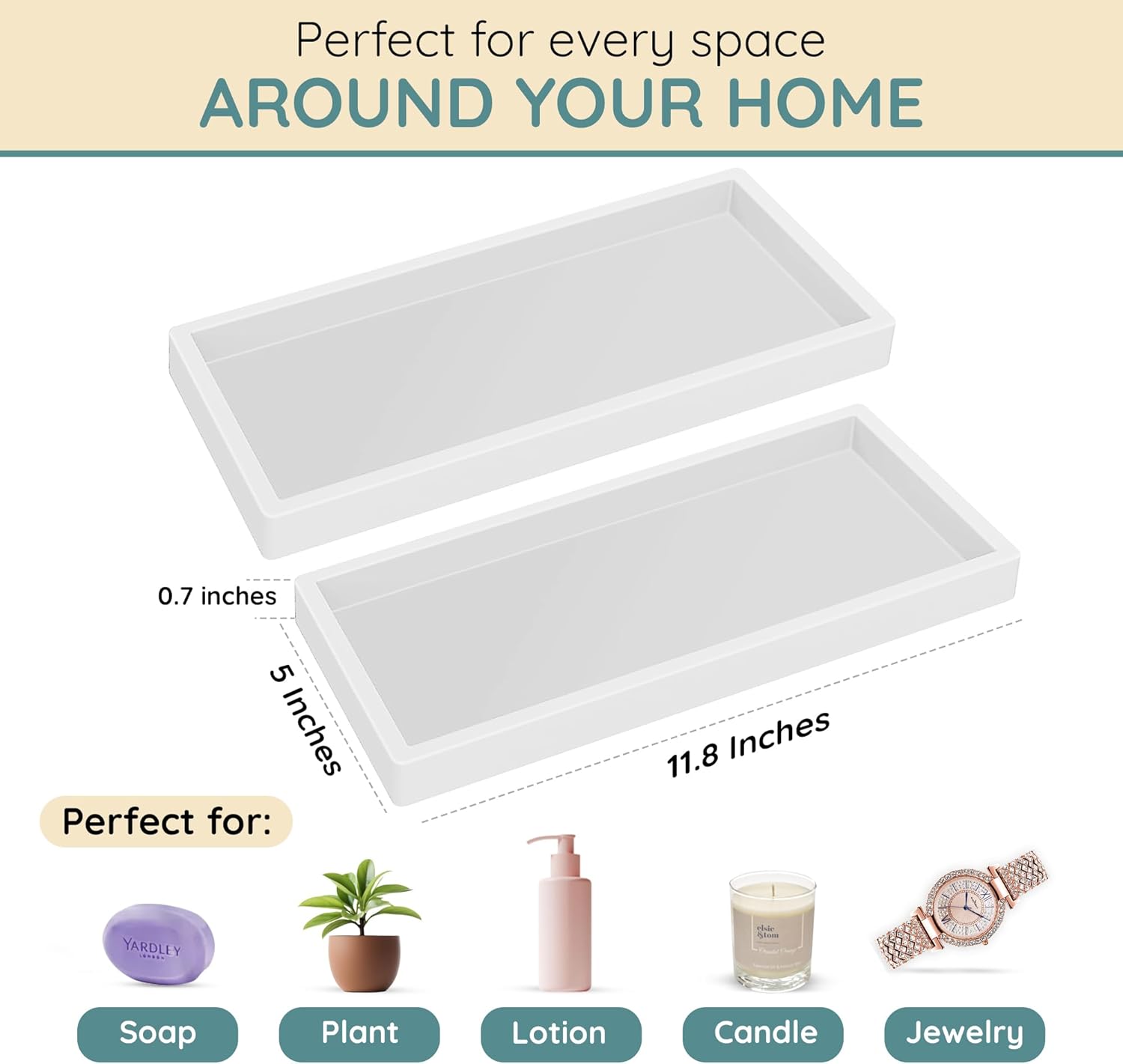 Silicone Countertop Tray – 2 Piece Large Bathroom Vanity Organizer for Soap Dispenser, Lotion Bottles, Perfume, Candles, Keys – Shatterproof Sink Tray