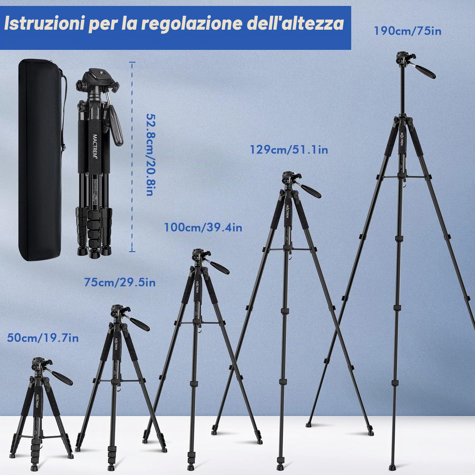 MACTREM 75 pollici treppiede per fotocamera per Sony Canon Nikon, leggero treppiede in alluminio per video da viaggio con supporto per telefono cellulare per iPad Phone
