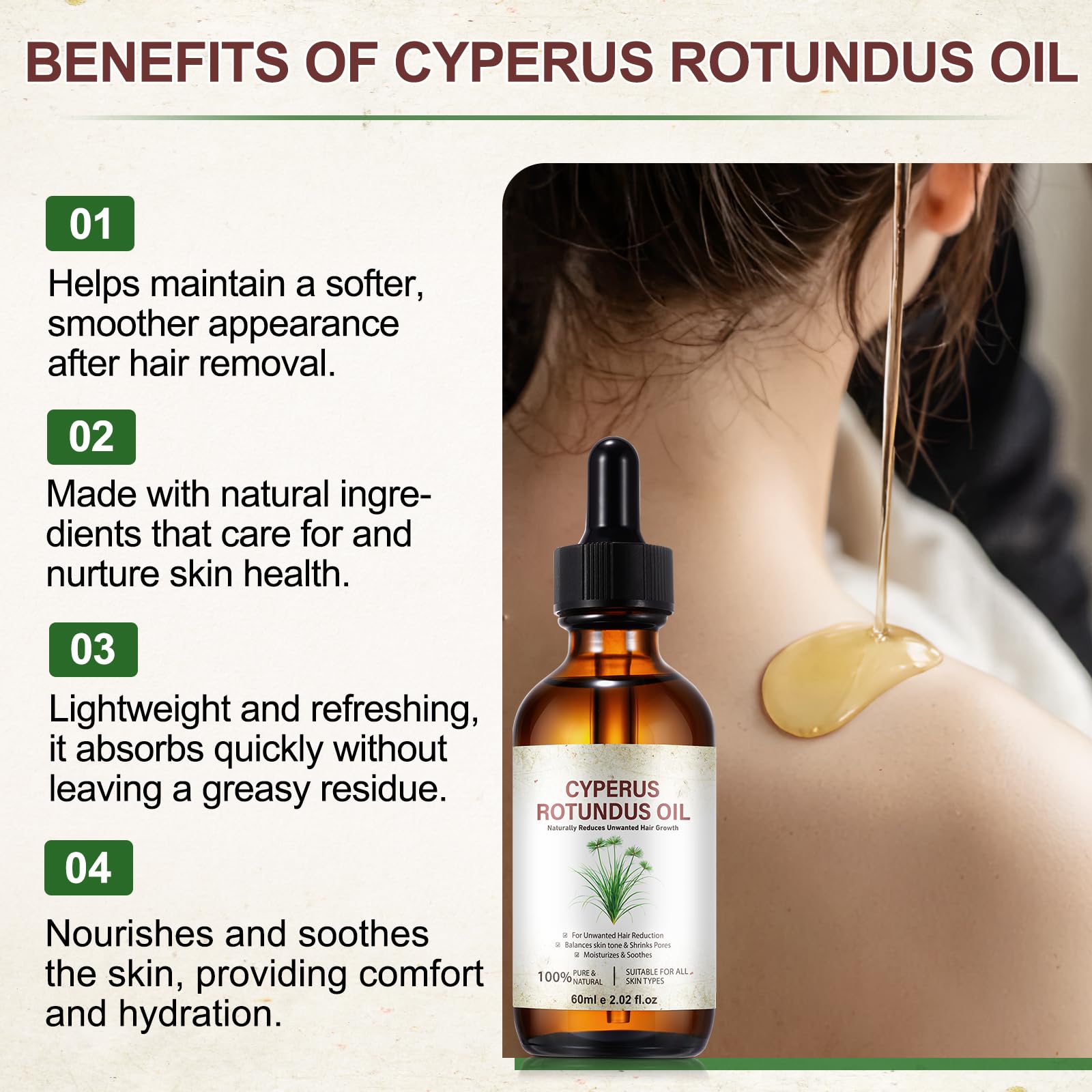 Olio di Cyperus Rotundus, Olio per rimozione dei peli Cyperus Rotundus 120ML – Ripara con peptidi, riduce la crescita dei peli e perfeziona i pori | Bloccante naturale del DHT per una pelle