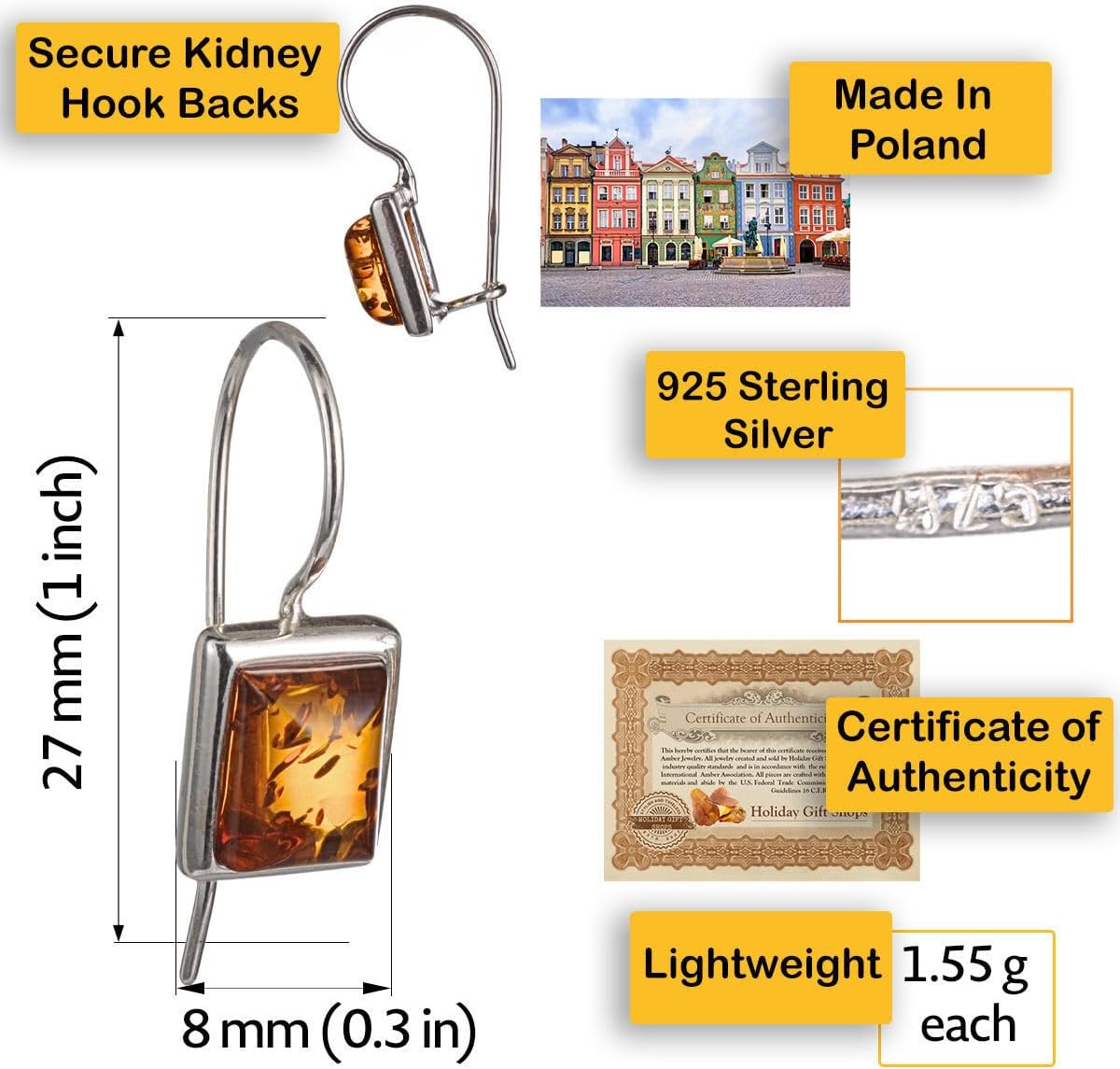 Amber Jewelry for Women - Sterling Silver and Baltic Amber Kidney Hook Honey Amber Rectangular Earrings, Gemstone Drop Earrings - Sterling Silver Jewelry Collection - Image 2