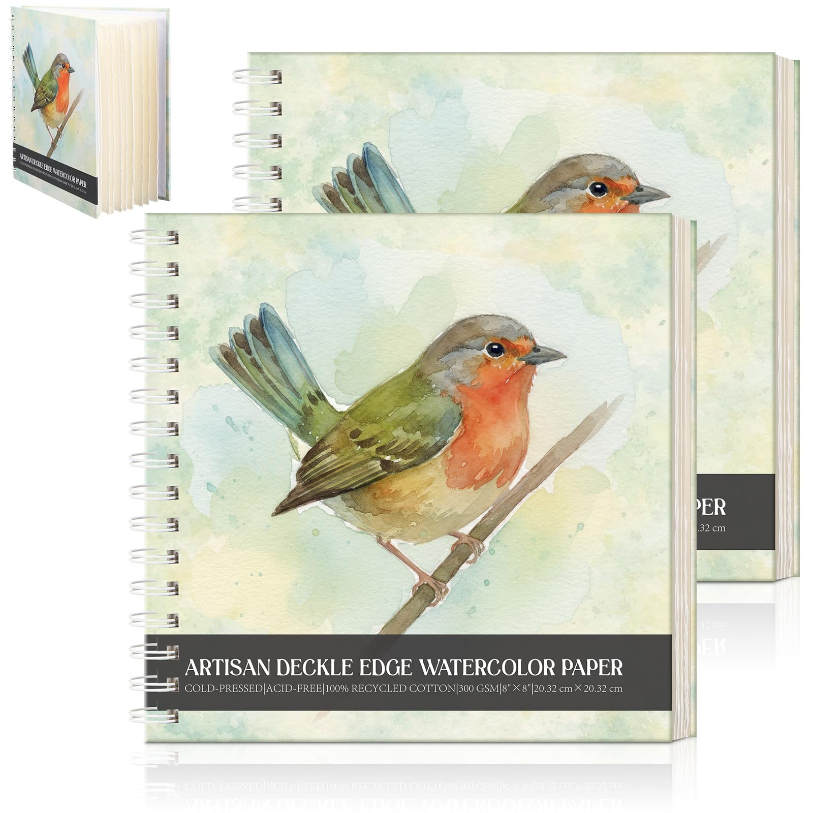 ForraFun Lot de 2 journaux aquarelles détachables – 20,3 x 20,3 cm, papier pressé à froid 350 g/m², bords à carreaux faits à la main, 44 feuilles au total, idéal pour l'aquarelle, la gouache, les