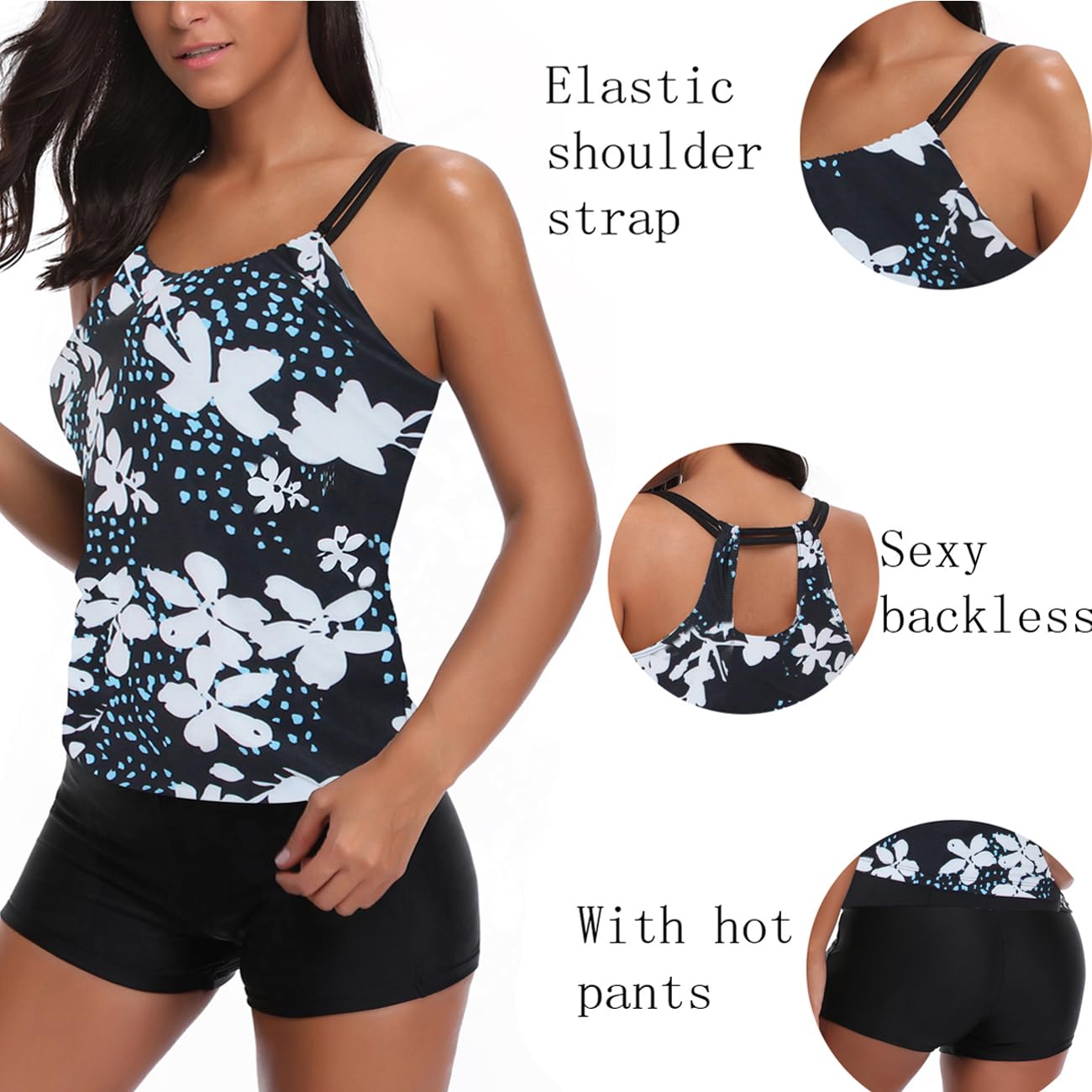Tankini pour femme - Contrôle du ventre - Taille haute - Maillot de bain avec short - Grande taille - Dos nu floral