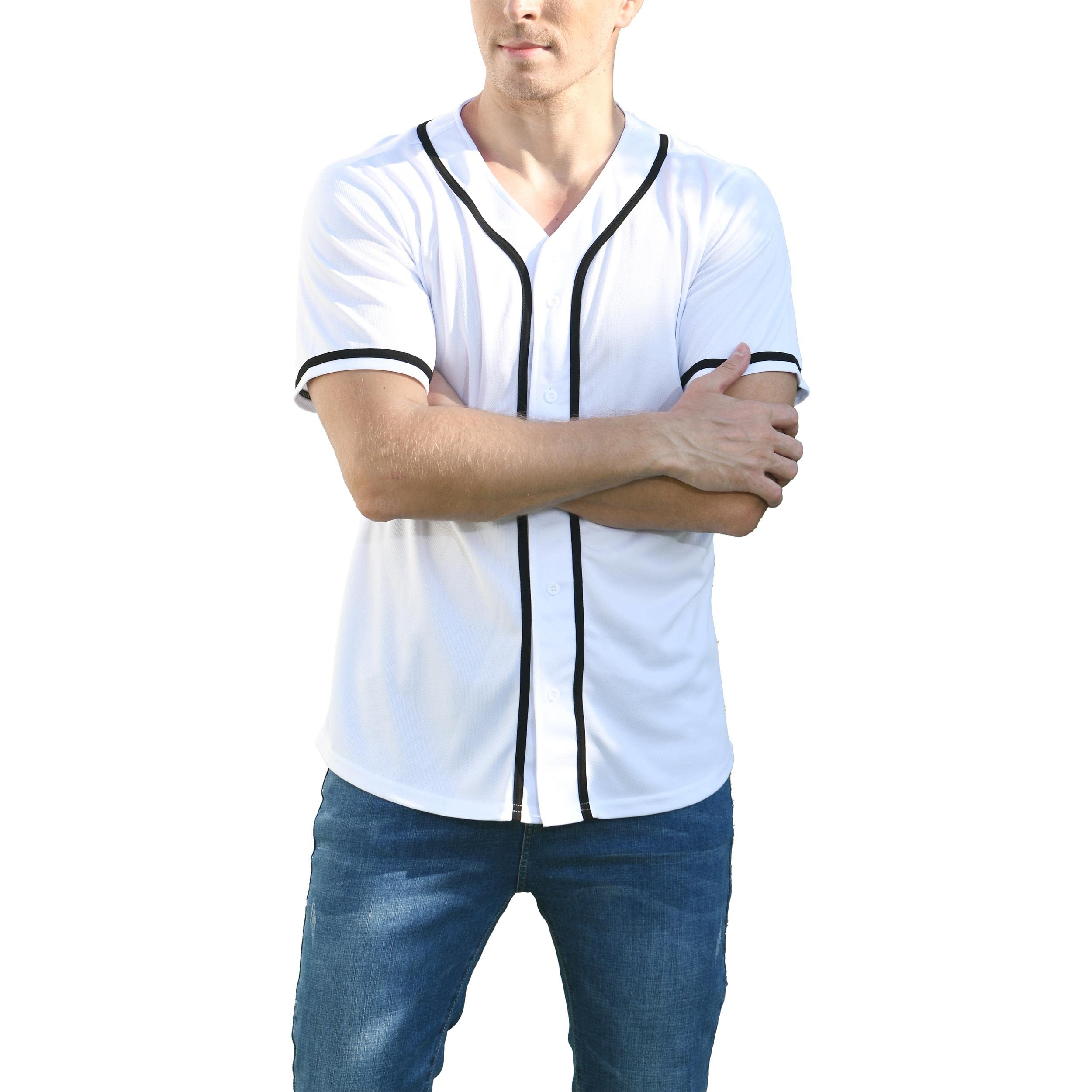 BAICAIYU Men's Baseball Jersey Sports Softball Shirt Short Sleeve Club Casual Wear Fashion Button V-Neck Wide Stripe (White,S,Small)