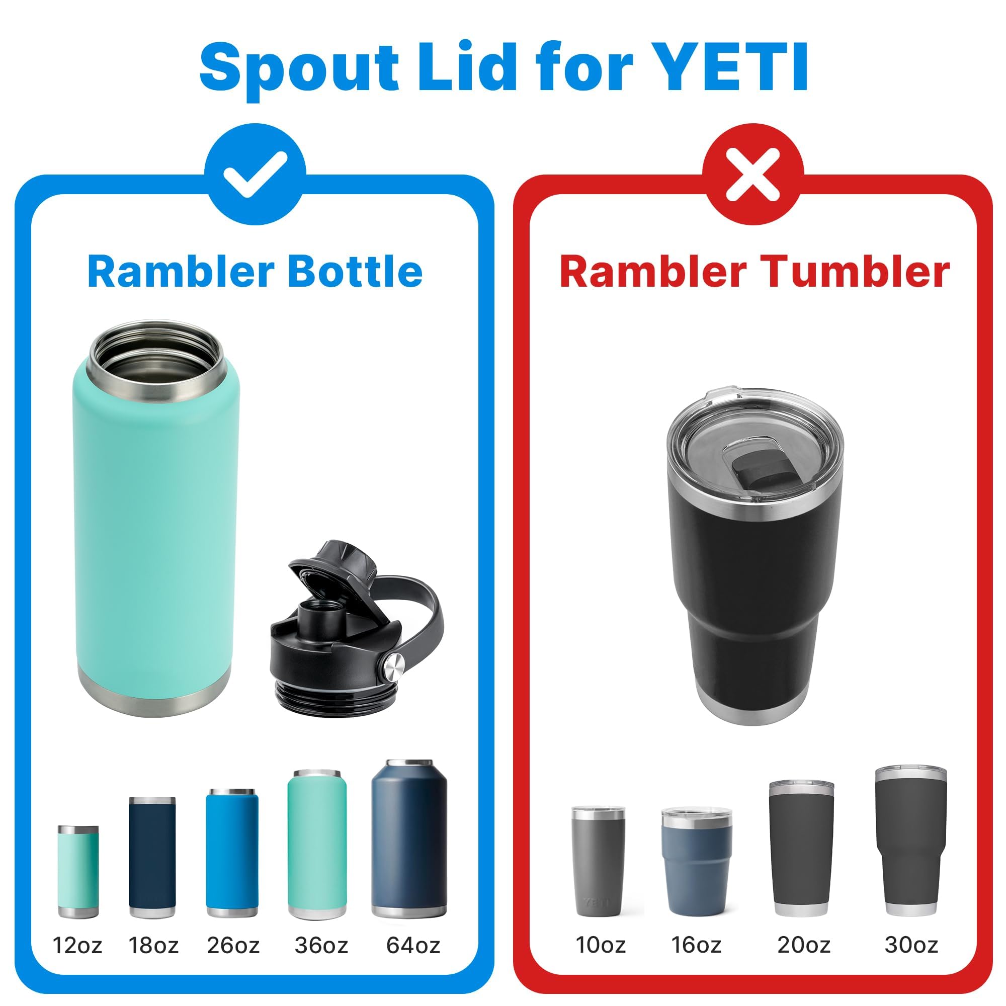 Auslaufdeckel für Yeti Rambler Wasserflasche 45,7 cm, 66,4 cm, 91,9 cm, 1,8 l und Jr. 340 ml, Ersatzdeckel mit flexiblem Griff für Yeti Rambler-Flasche, BPA-frei (Schwarz, 2 Stück)