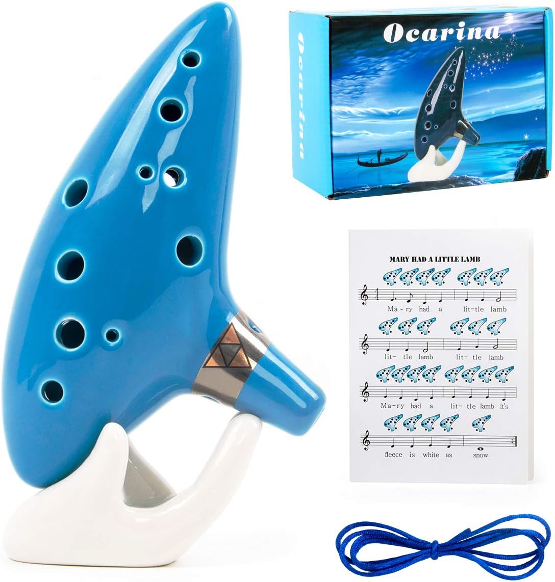 Ocarina 12 Tones Alto C with Song Book Display Stand Neck Cord (Light blue)