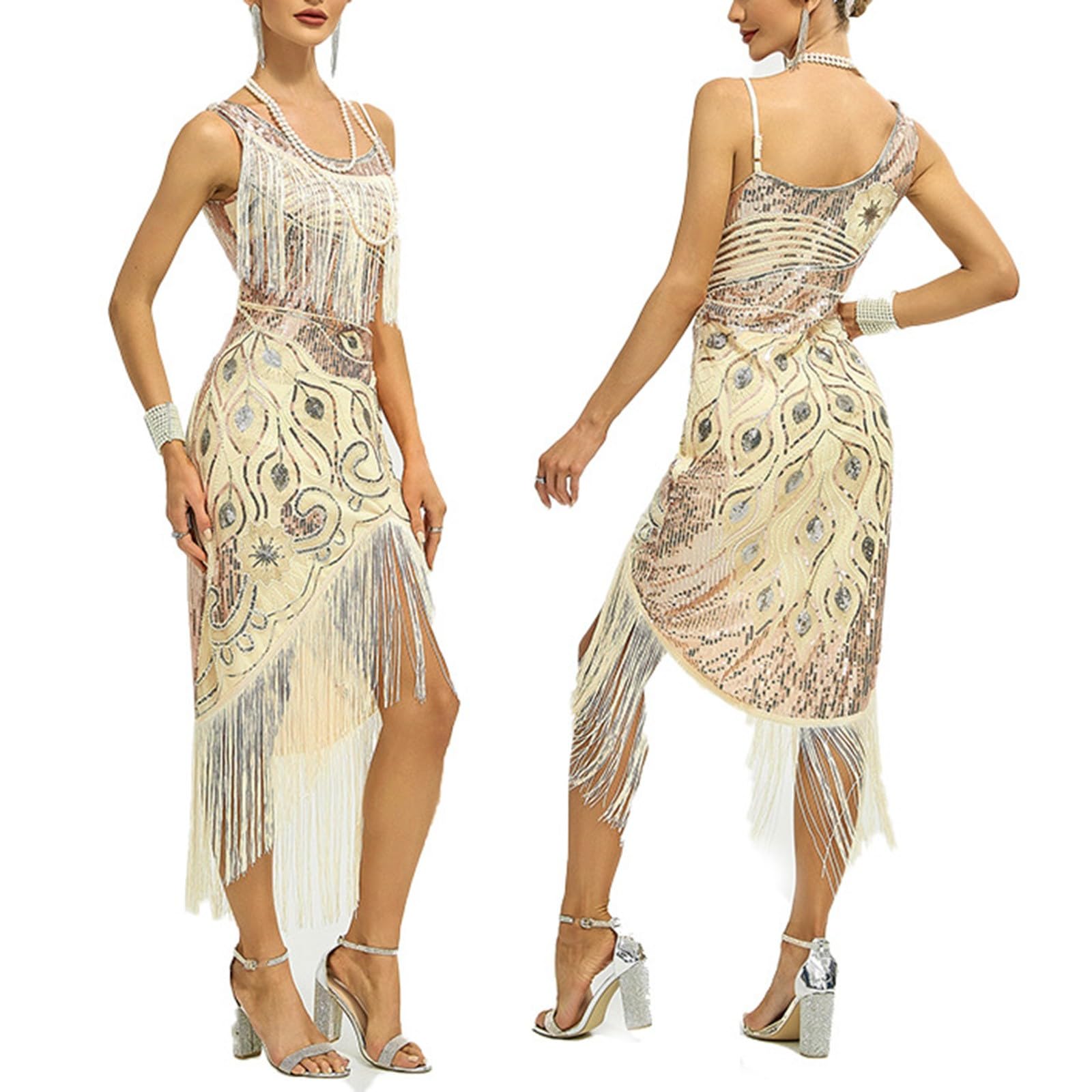 Generisch Abito da donna anni '20, stile retrò, con due strati di nappe, Charleston, abito da sera con paillettes, scollo a V, abito a tema per feste a tema, abito da ballo