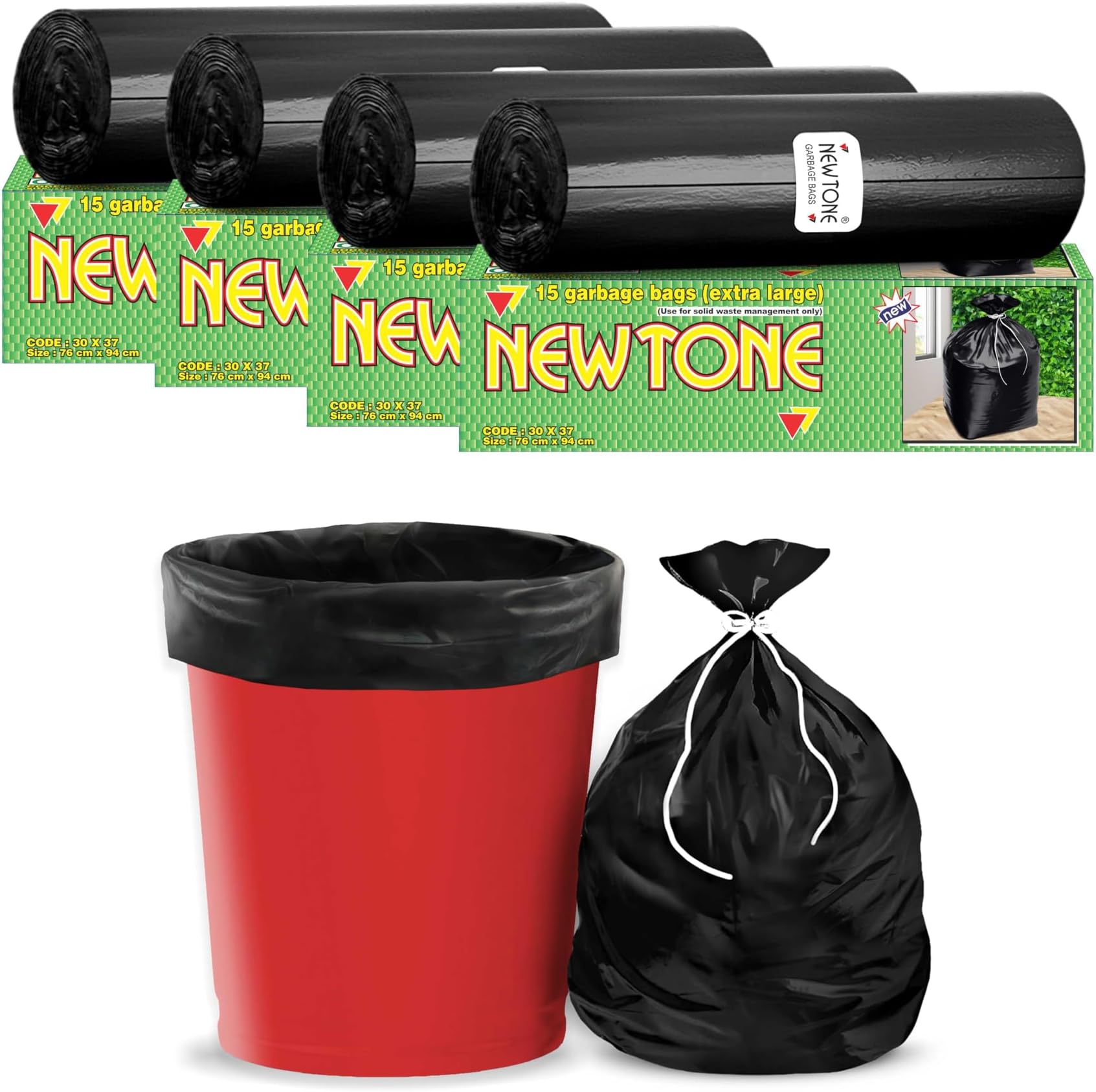 Newtone Garbage Bags | Extra Large 30 x 37 Inches | 60 Bags (15 Bags X 4 Rolls) | Dustbin/Trash bin | Box Packing | (Black) - Perforated Box for Easy Dispensing