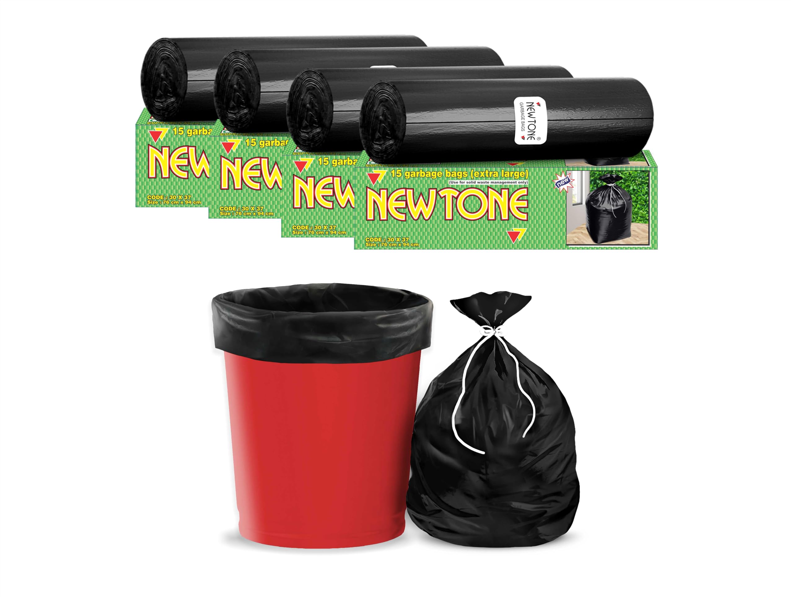 Newtone Garbage Bags | Extra Large 30 x 37 Inches | 60 Bags (15 Bags X 4 Rolls) | Dustbin/Trash bin | Box Packing | (Black) - Perforated Box for Easy Dispensing