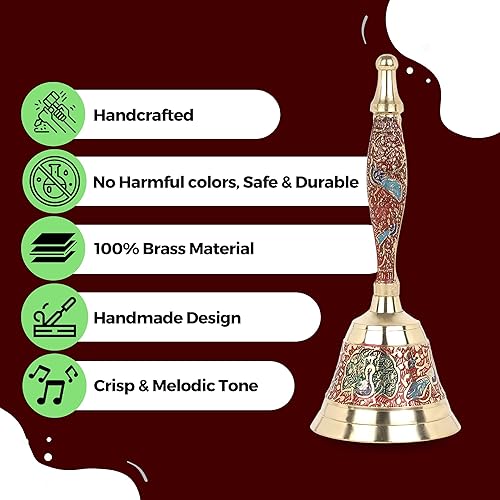 Miniatura 3 de Hashcart Campana de mano de latón, campanas de boda, timbre de mano de latón macizo súper fuerte, campana de Puja para campanas Mandir Puja  Pooja