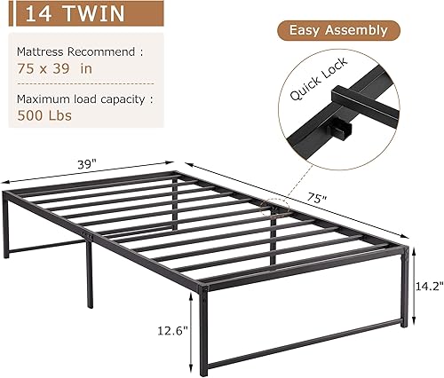 Miniatura 82 de VECELO Marco de cama de plataforma de metal de 14 pulgadas, base de colchón, no necesita somier, soporte de listones de acero (tamaño matrimonial)