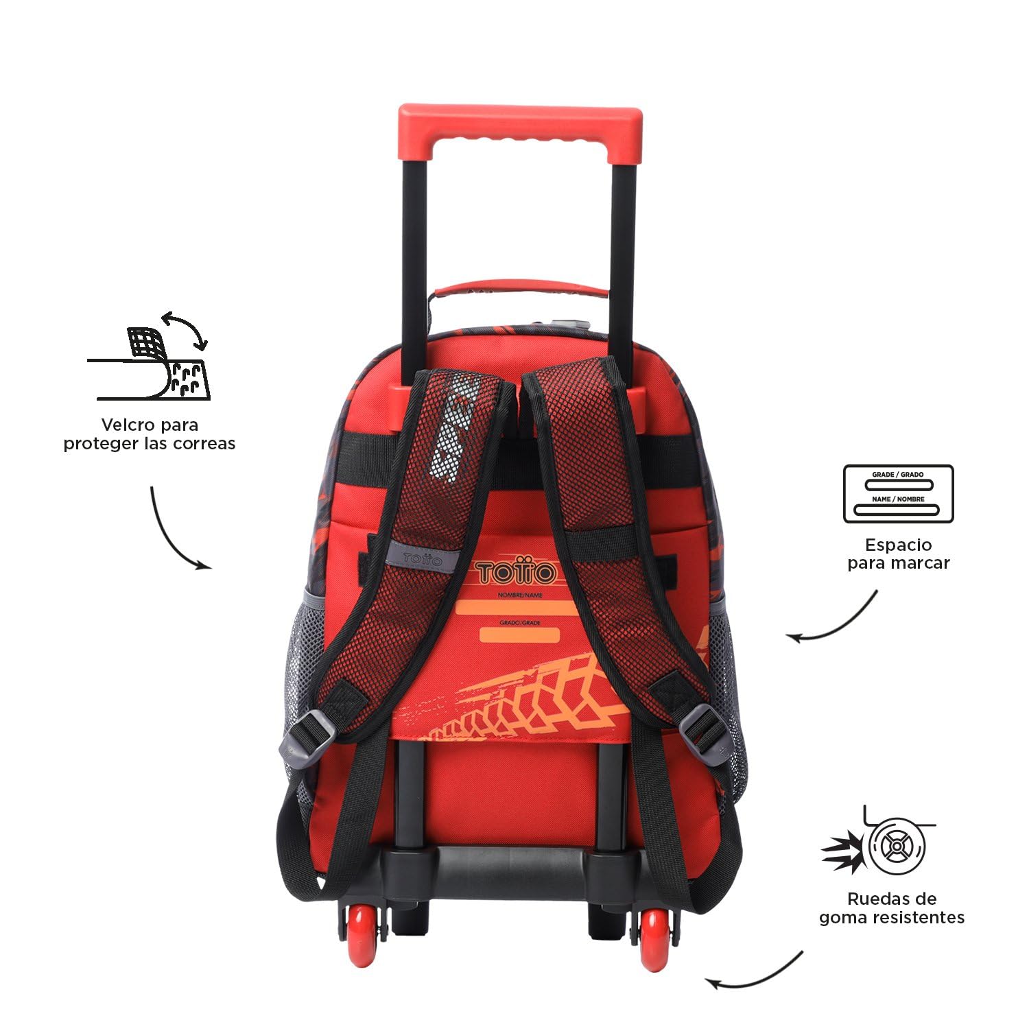 TOTTO - Mochila Escolar con Ruedas, Modelo Speed Biker M, Mochila Mediana, Capacidad 23 L, 2 Compartimentos, 2 Bolsillos Botella, Protección en la Base, Cómodas Correas Ajustables, Color Rojo