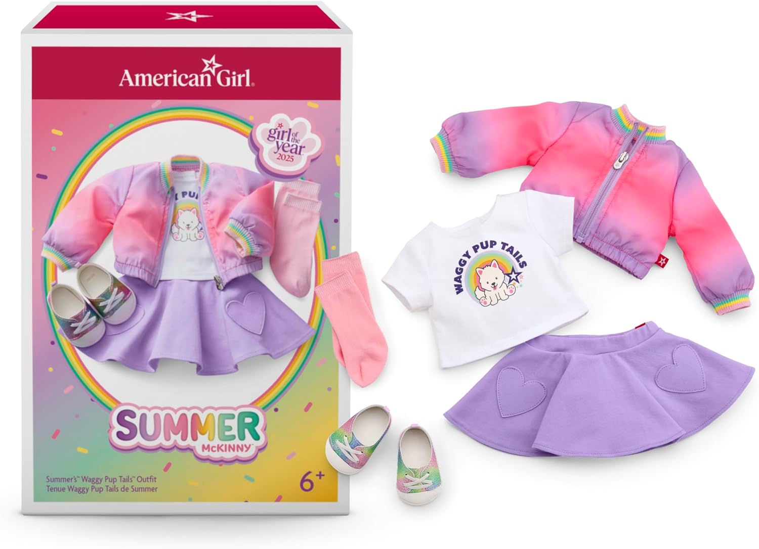 American Girl, Summer McKinny Girl of The Year 2025 Waggy Pup Tails Outfit for 18-inch Dolls, with a t-Shirt, Jacket, Skort, Socks, and Shoes, Ages 6+