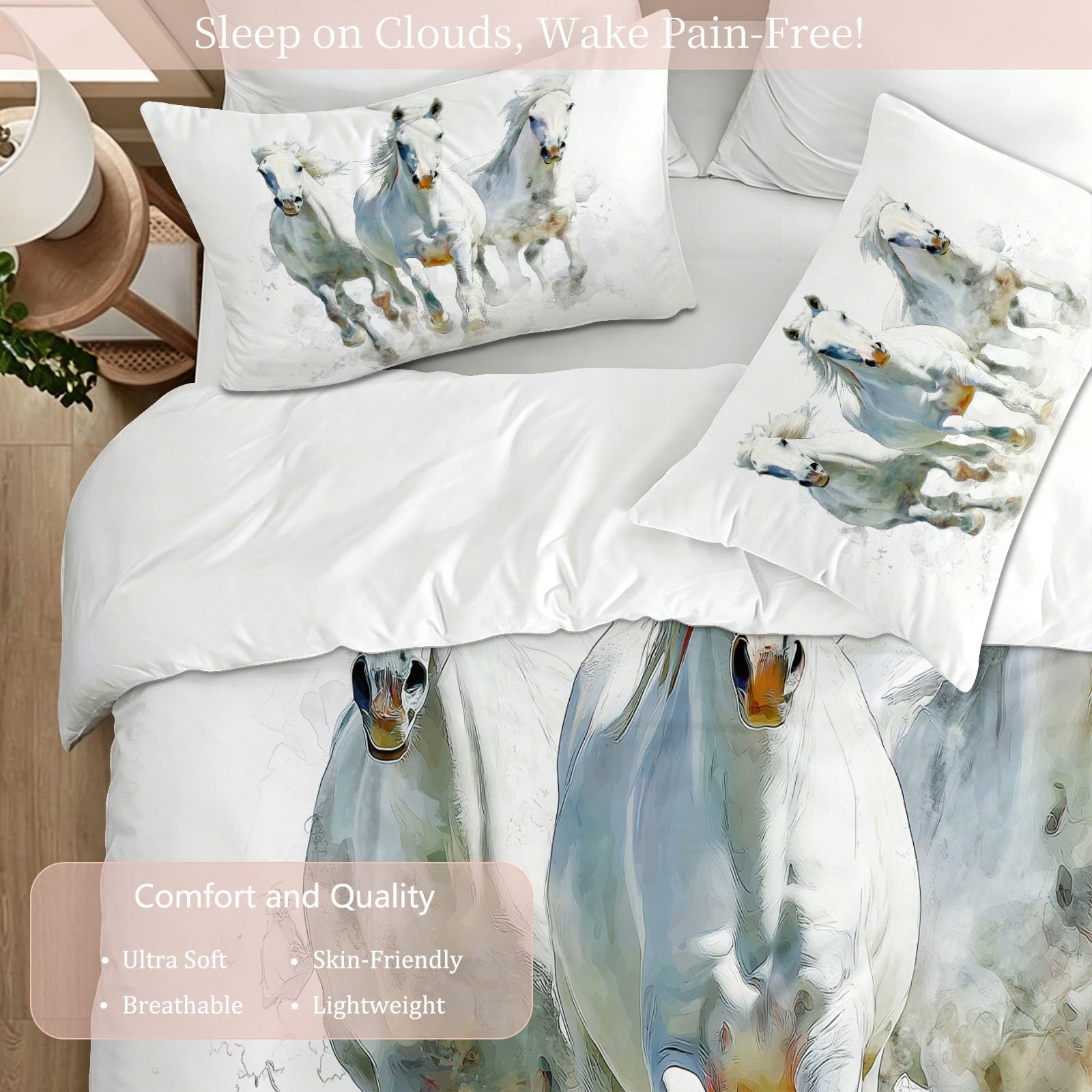 Set copripiumino matrimoniale con stampa ad acquerello, in microfibra, reversibile, 200 x 200 cm, 3 pezzi, con cerniera + 2 federe da 50 x 75 cm, bianco