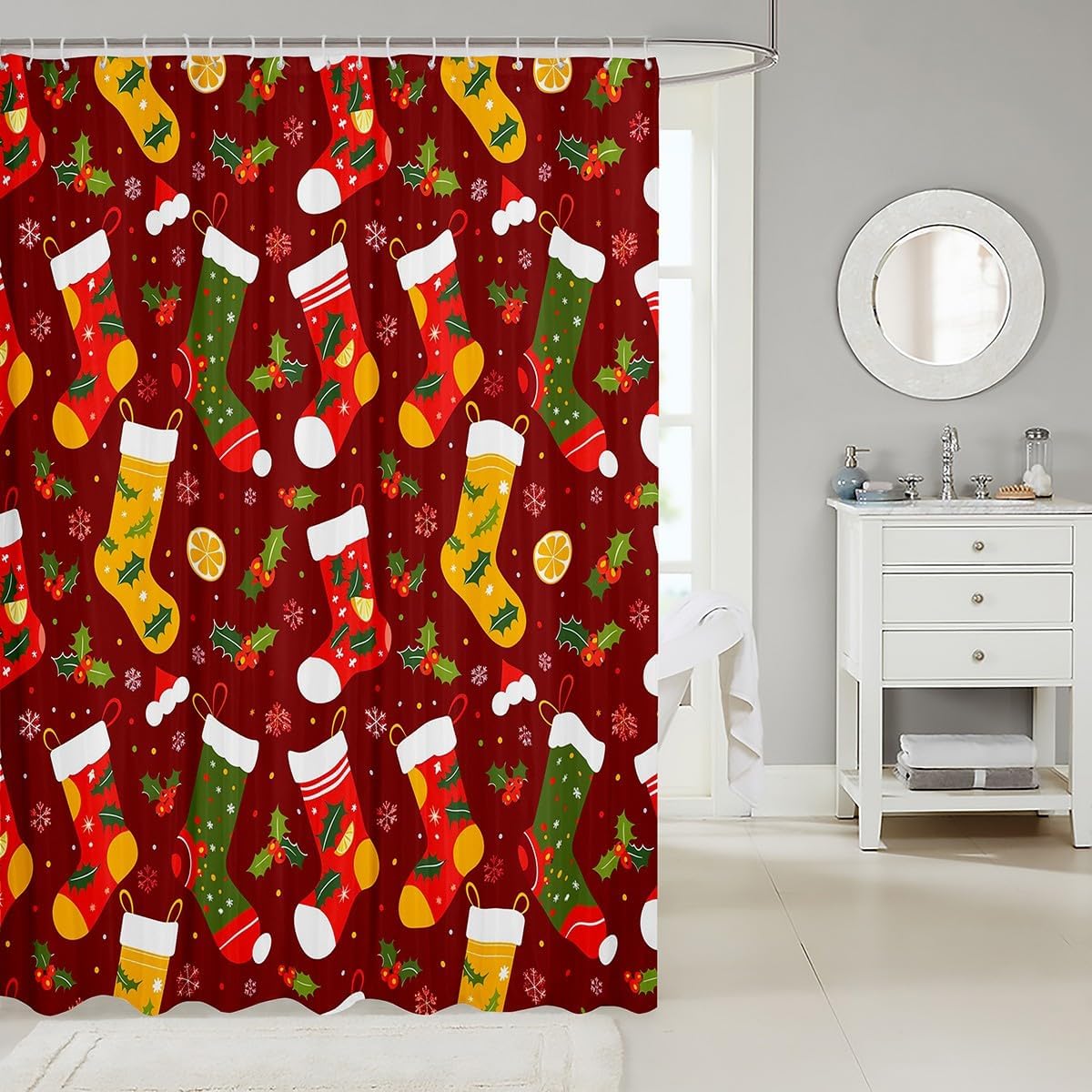 Christmas Stockings Shower Curtain 72" W x 84" L Cartoon Winterberry Leaves Yellow Lemon Bathroom Curtain for Kids Boys Girls Teens New Year Merry Christmas Bath Curtain for Room with 12 Hooks image 2
